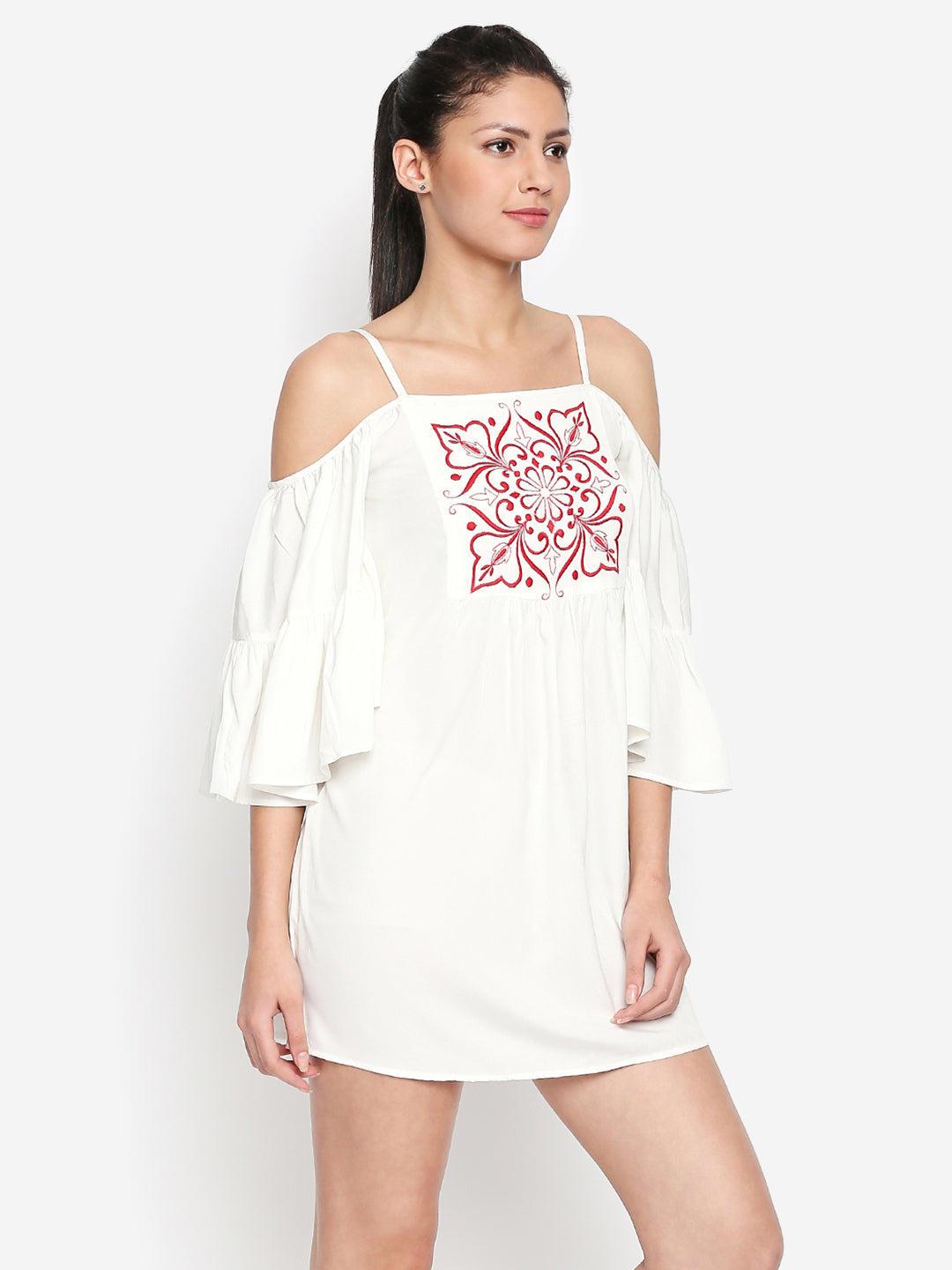 White & Red Floral Embroidered Crepe A-Line Mini Dress