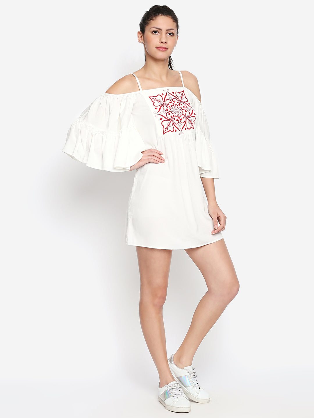 White & Red Floral Embroidered Crepe A-Line Mini Dress