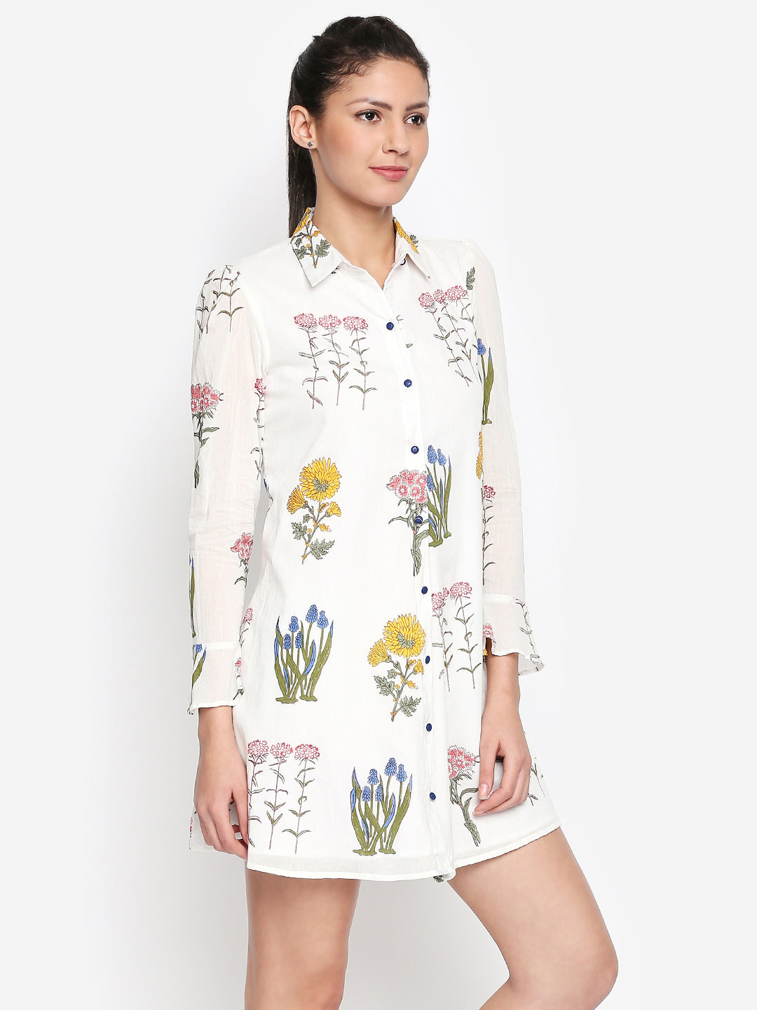 White & Olive Green Floral Shirt Cotton Mini Dress