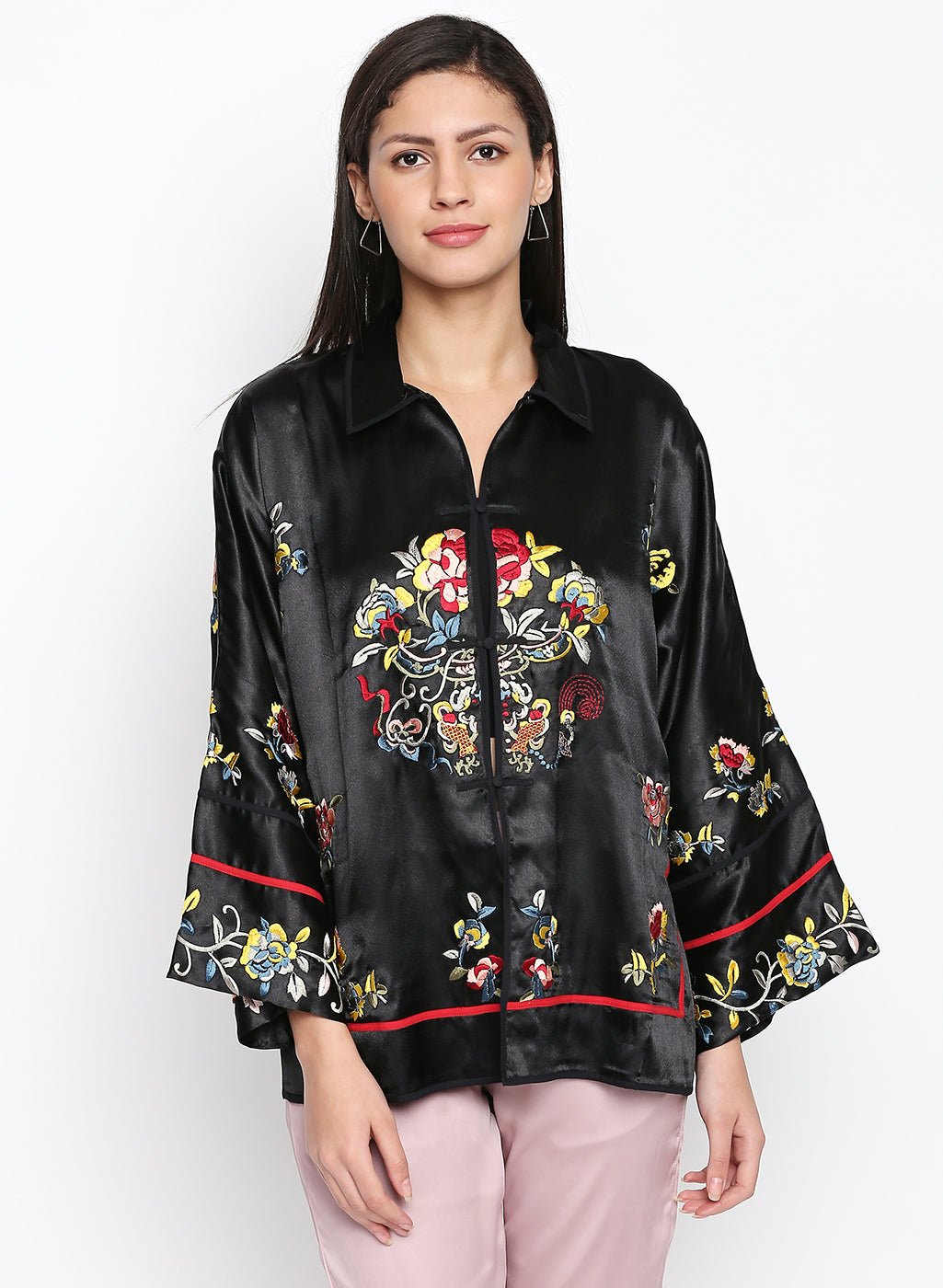 Black Thread Embroidered Kimono