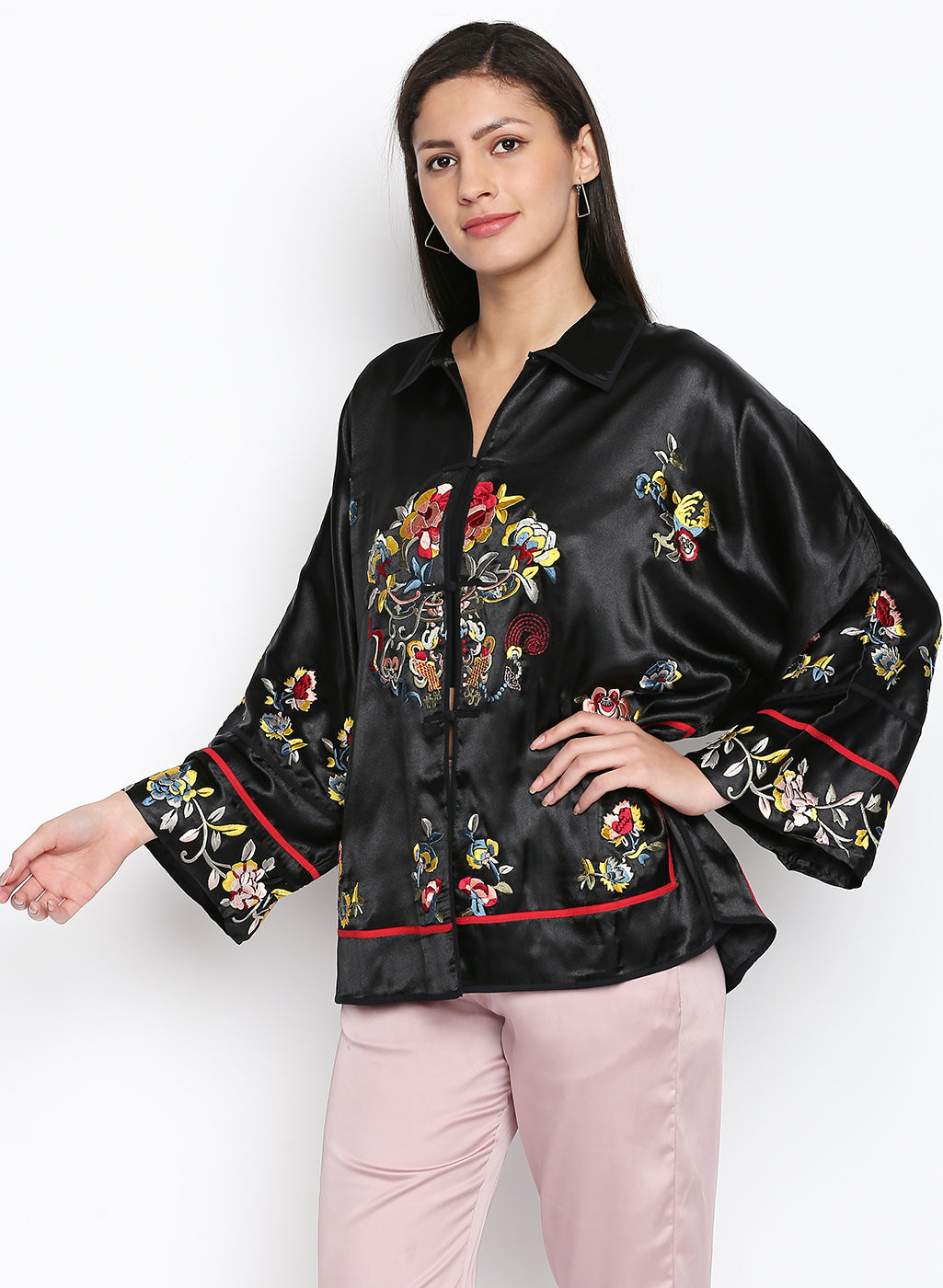 Black Thread Embroidered Kimono