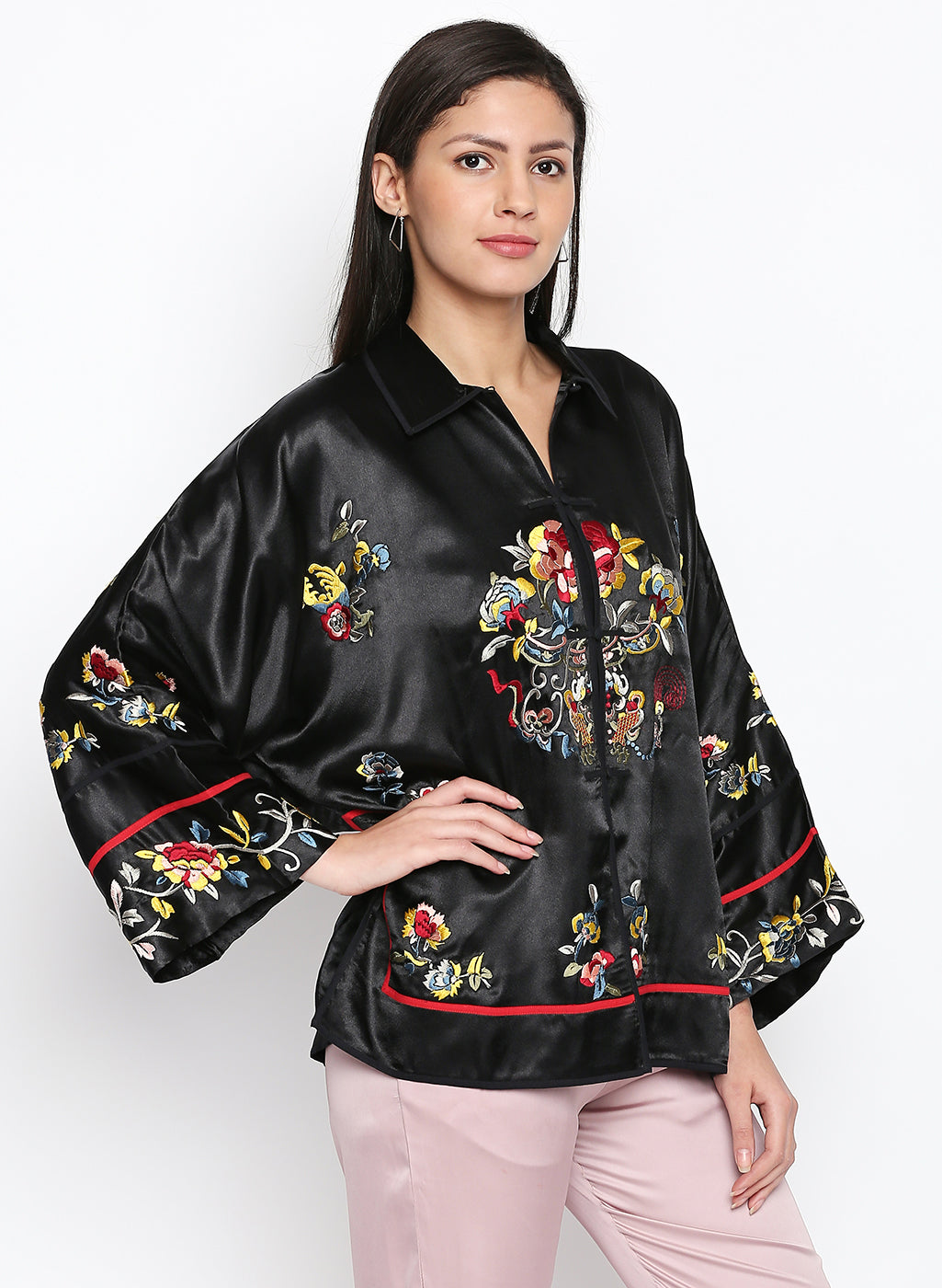 Black Thread Embroidered Kimono