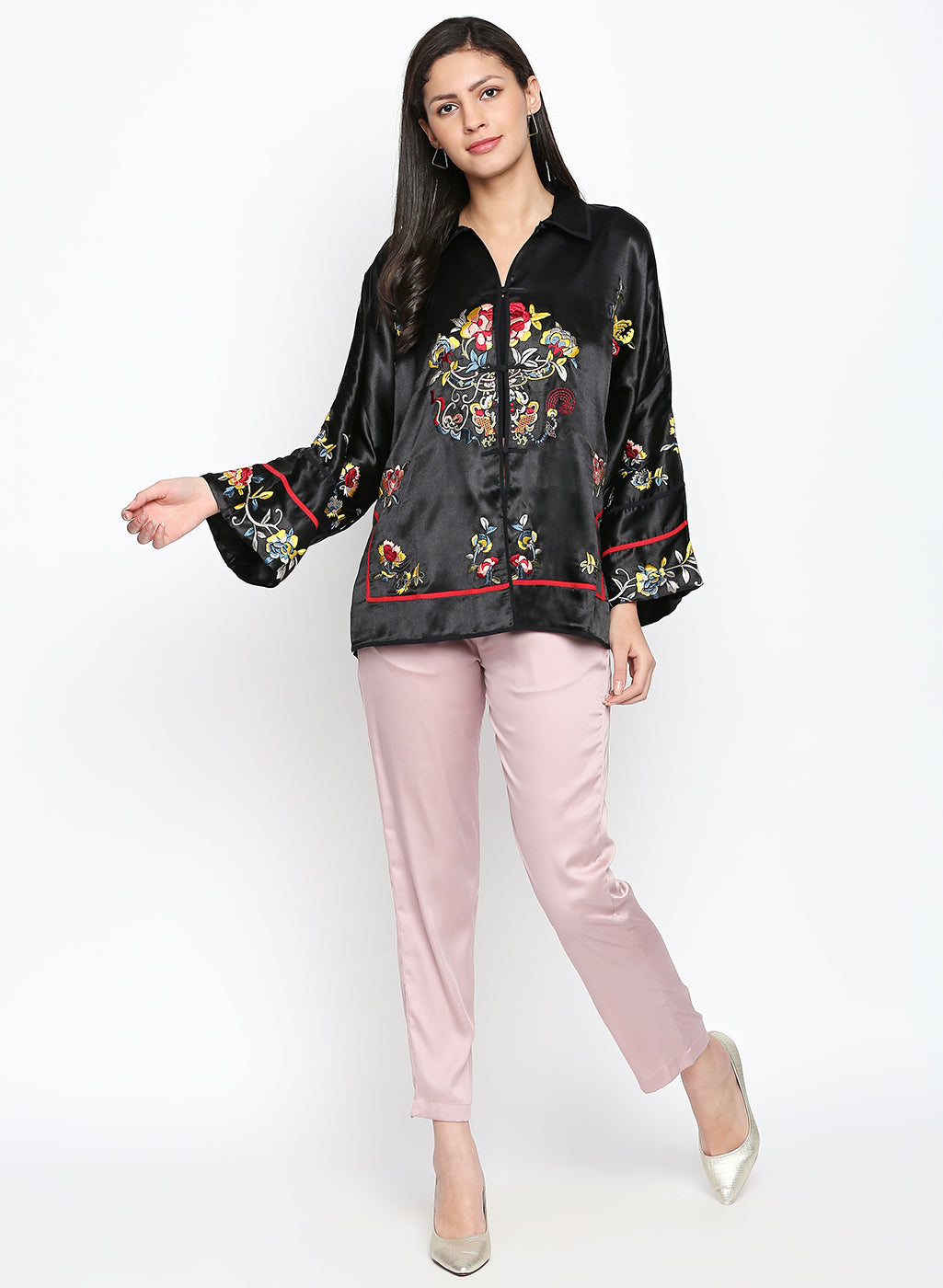 Black Thread Embroidered Kimono