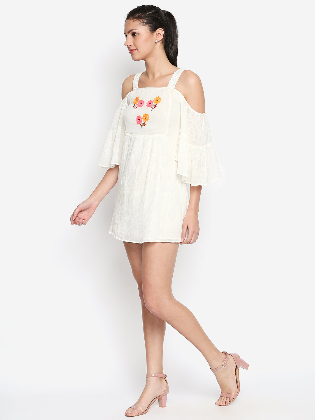 White Floral Embroidered Chiffon A-Line Cotton Mini Dress