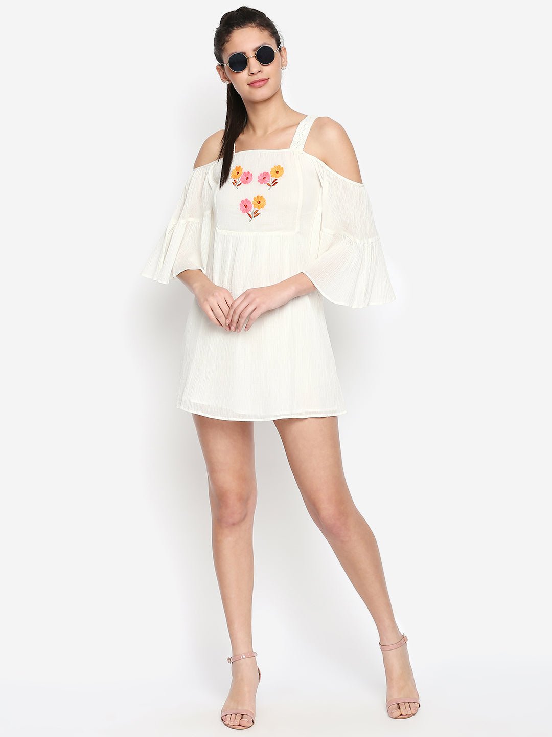 White Floral Embroidered Chiffon A-Line Cotton Mini Dress