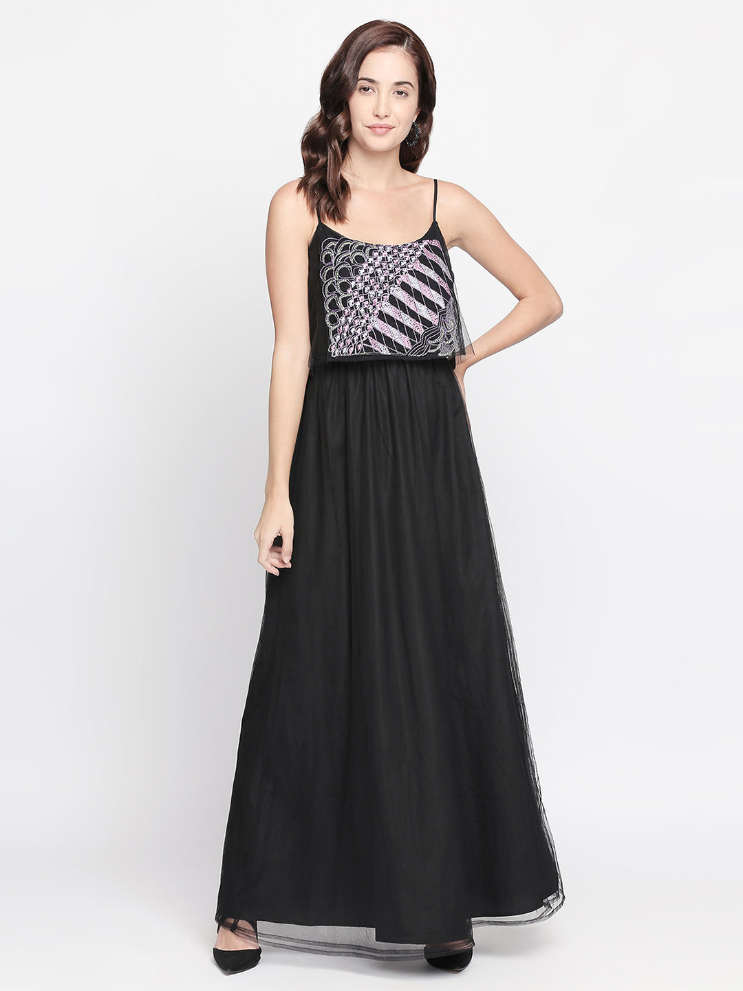 Black Embroidered Layered Net Maxi Dress