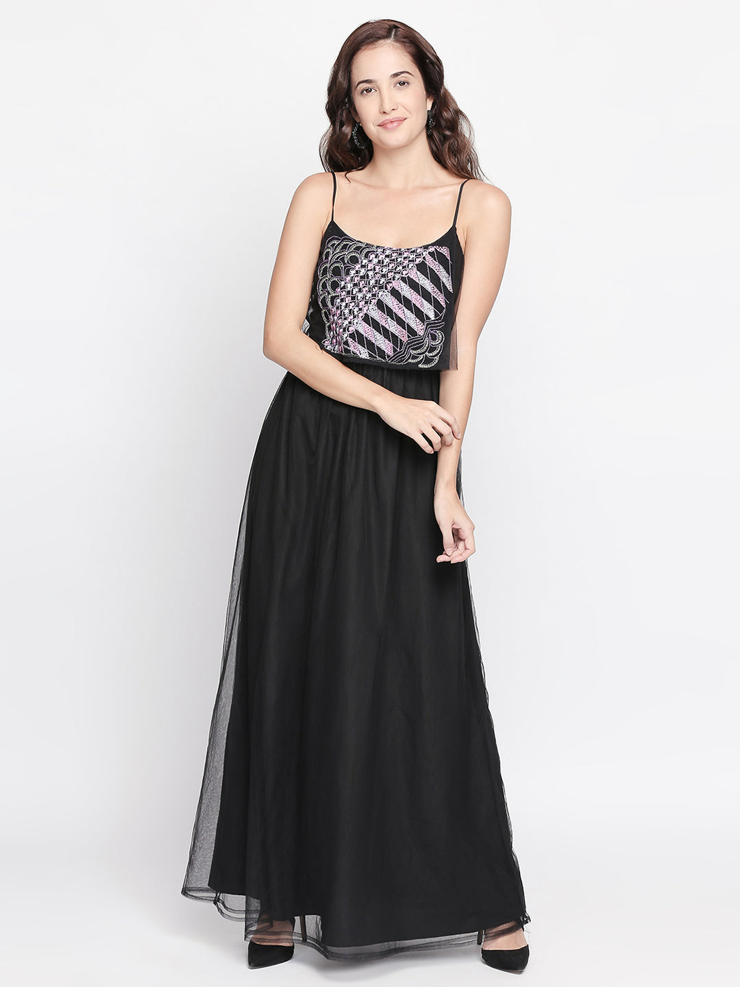 Black Embroidered Layered Net Maxi Dress