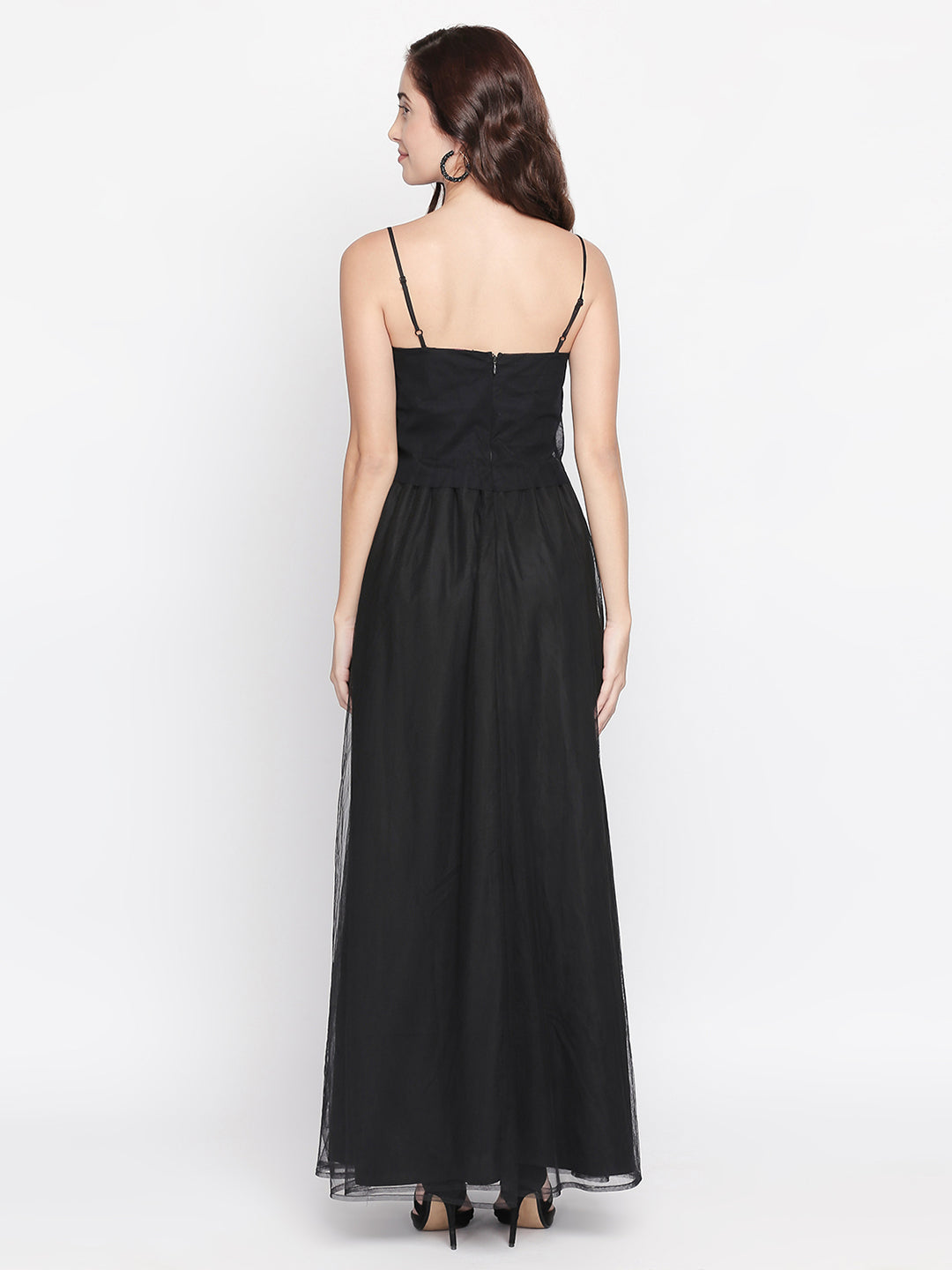 Black Embroidered Layered Net Maxi Dress