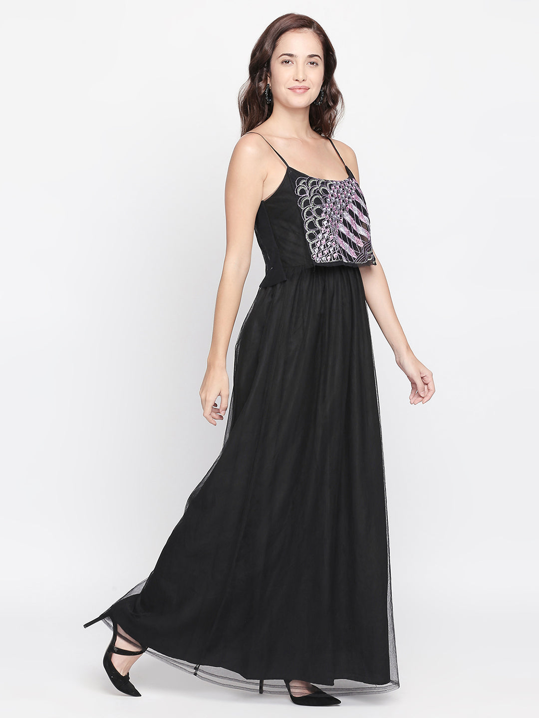 Black Embroidered Layered Net Maxi Dress