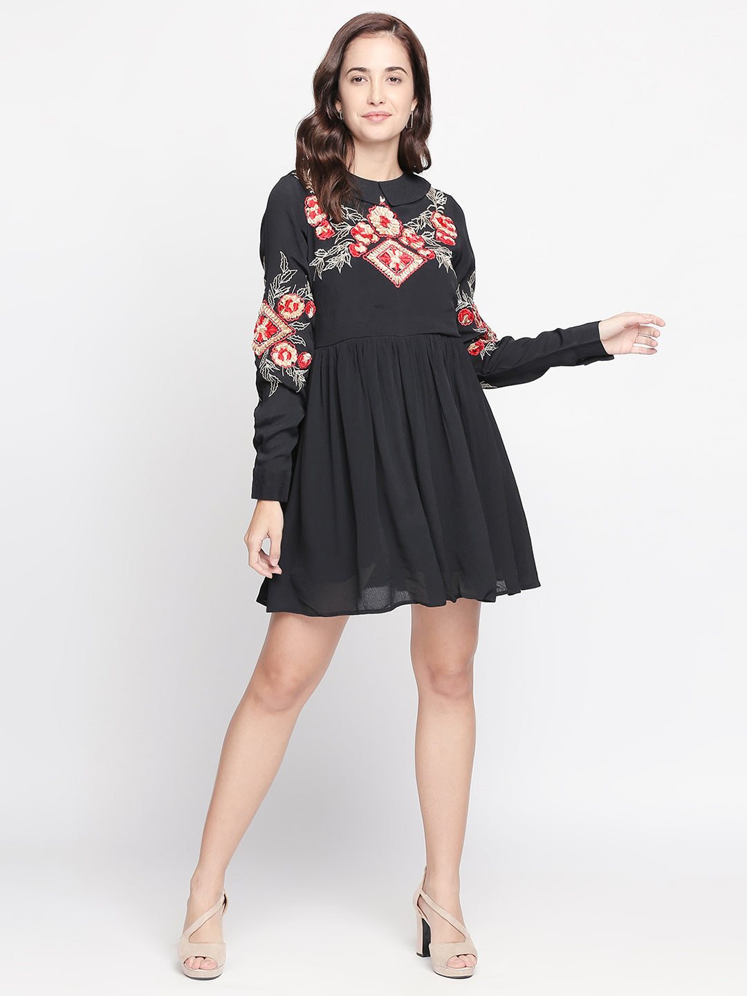 Black Floral Peter Pan Collar Georgette Dress