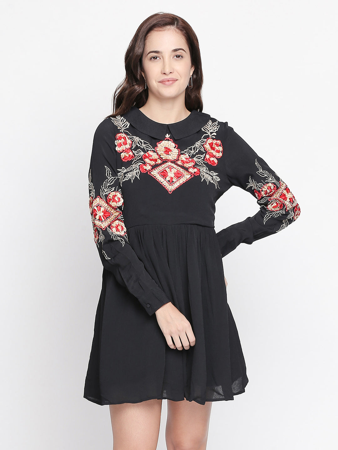 Black Floral Peter Pan Collar Georgette Dress