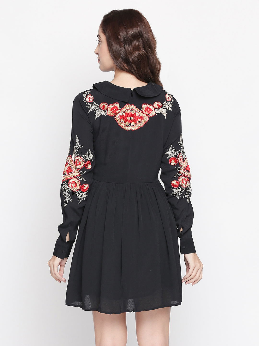 Black Floral Peter Pan Collar Georgette Dress