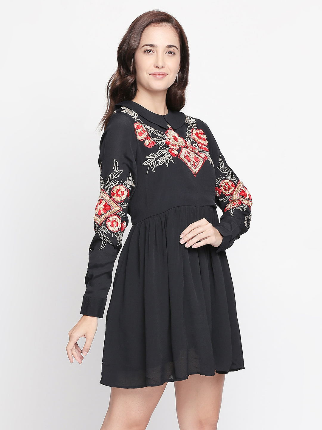 Black Floral Peter Pan Collar Georgette Dress