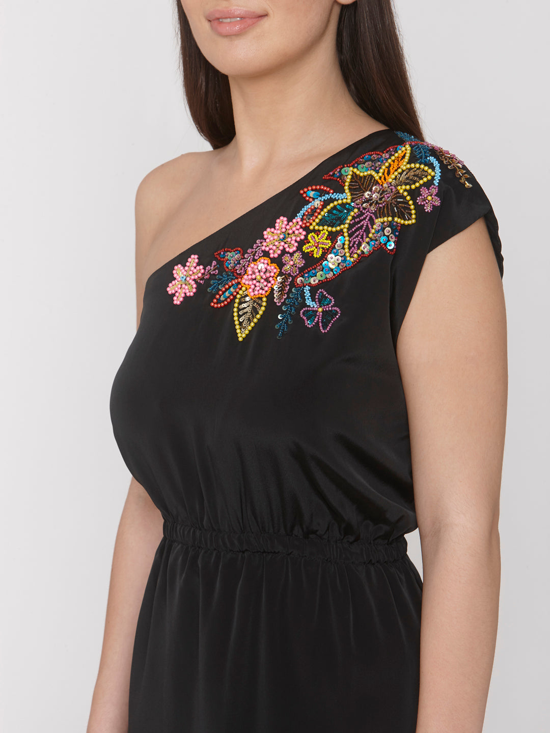 Black & Multicoloured One Shoulder Beaded Details Satin Sheath Dress