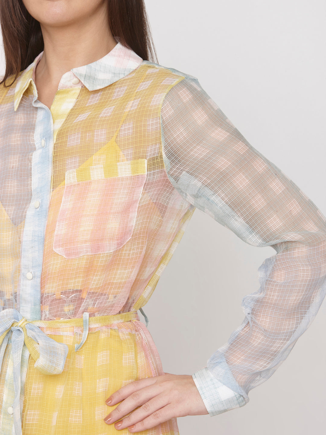 Multicolor Kota Checks Print Waist Tie-up Shirt Dress