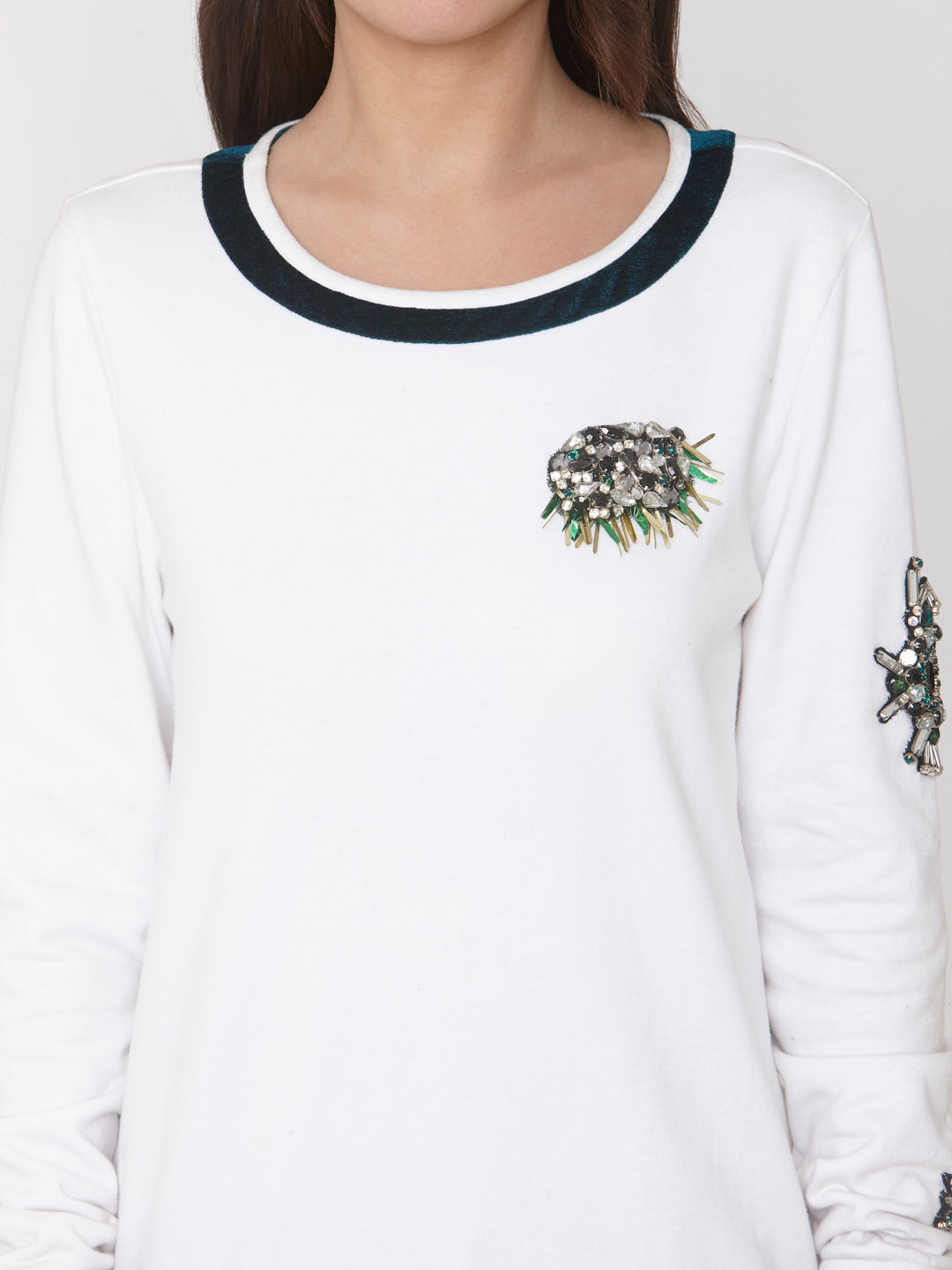 White Embellished Jersey Sweater Top