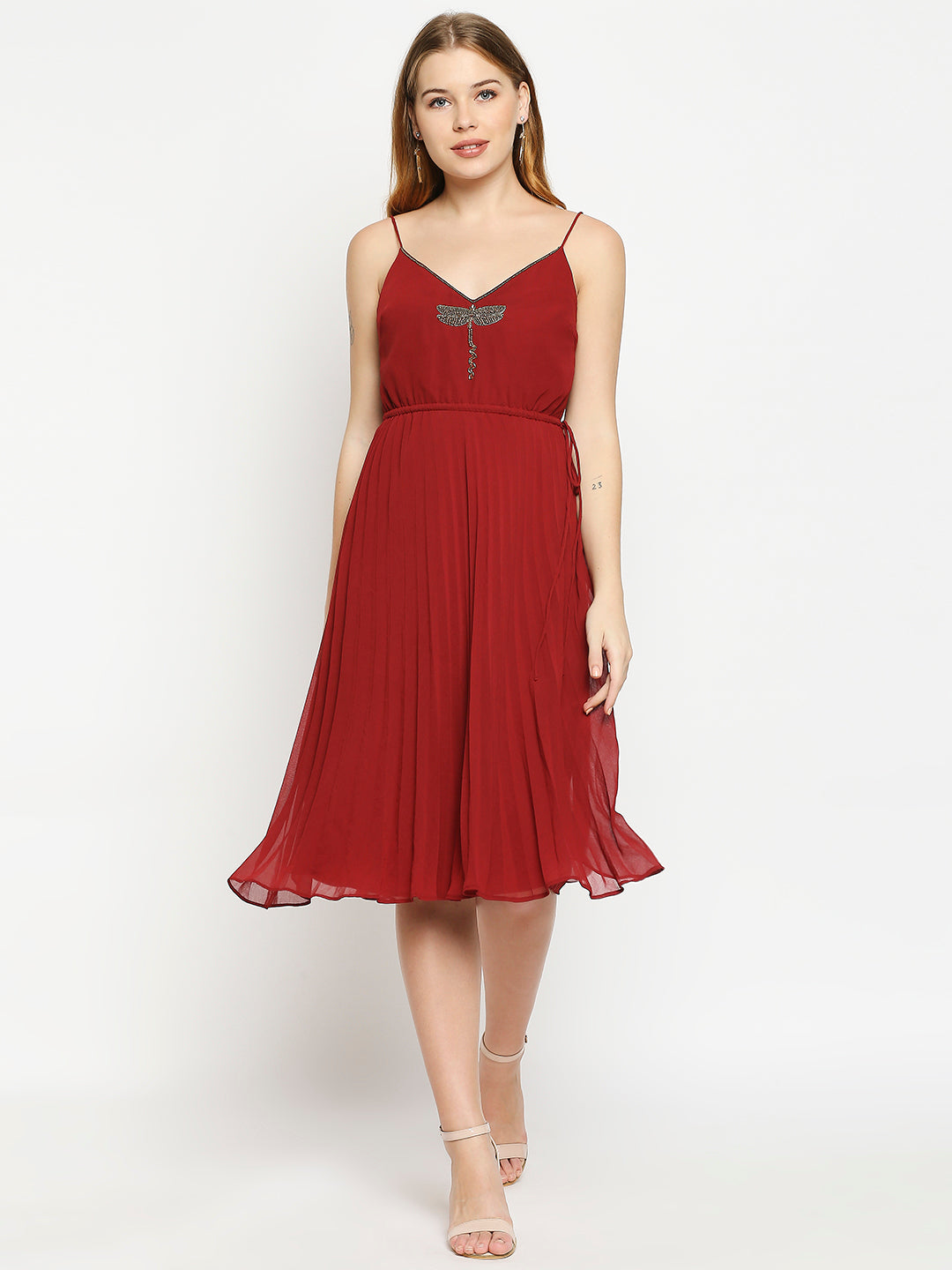 Maroon Georgette Dragonfly Embellished Dress