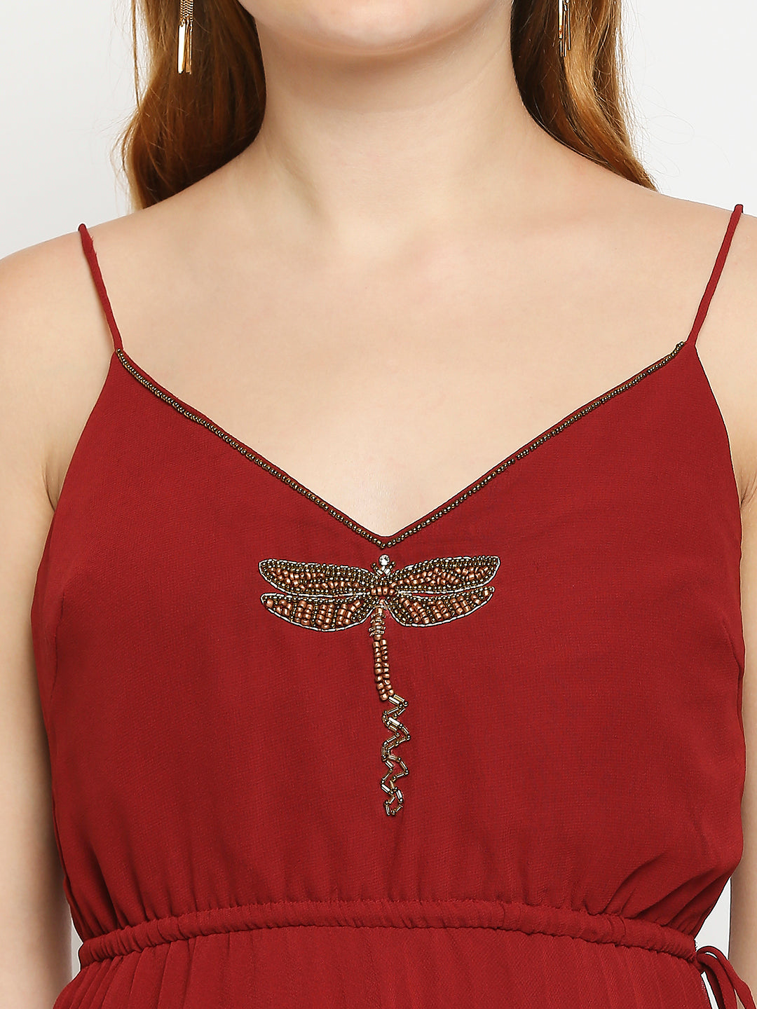 Maroon Georgette Dragonfly Embellished Dress