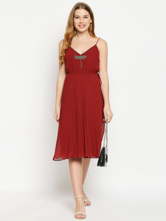 Maroon Georgette Dragonfly Embellished Dress