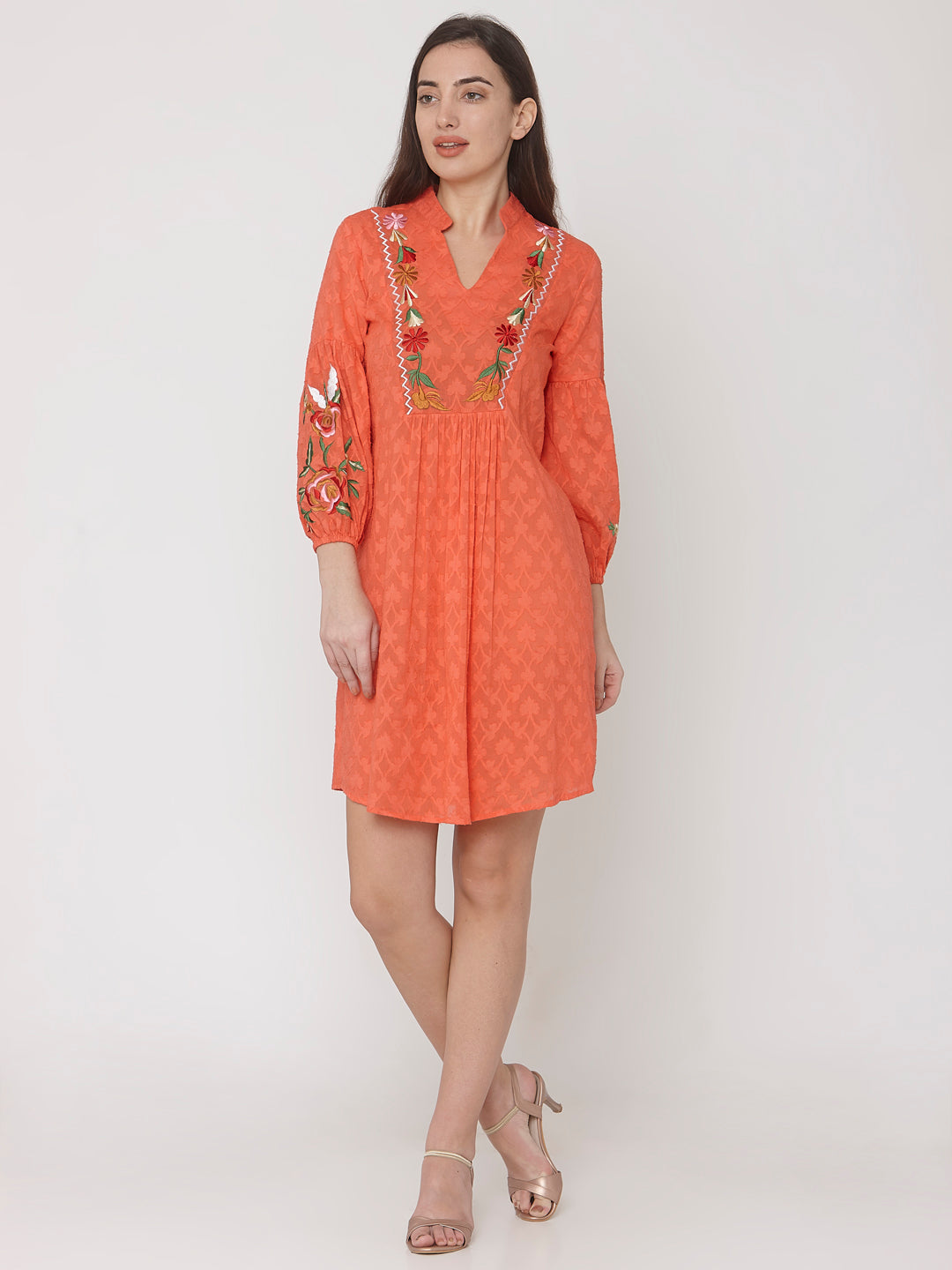 Orange Jacquard Mini Dress With Floral Embroidery