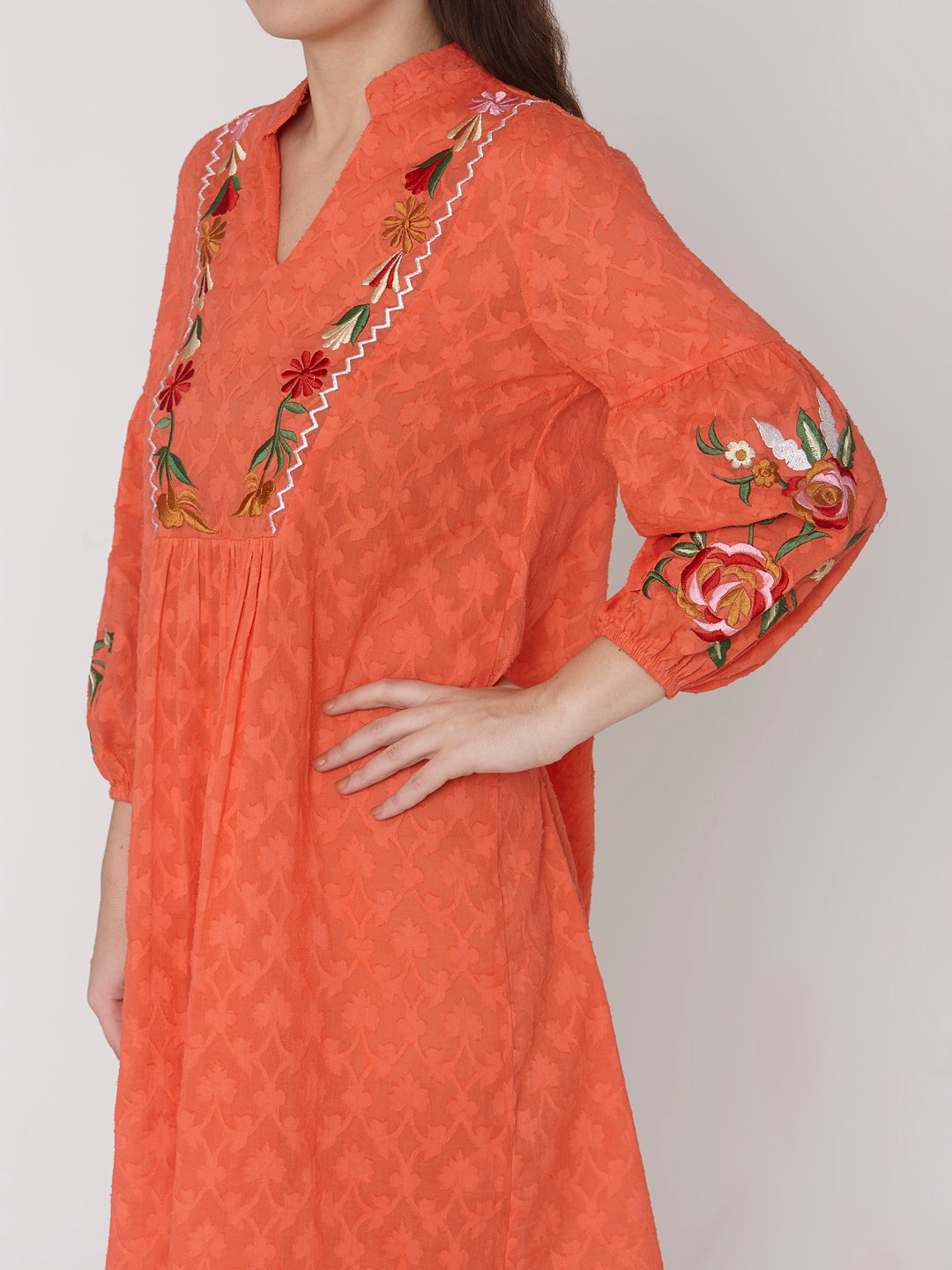 Orange Jacquard Mini Dress With Floral Embroidery