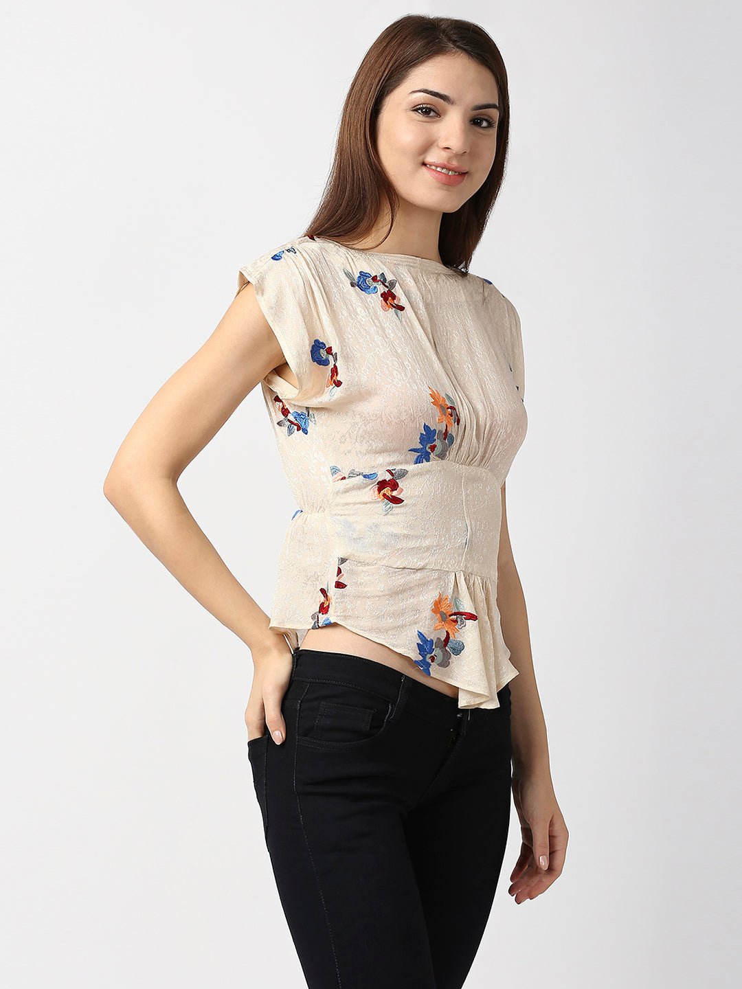 Beige Jacquard Top With Floral Embroidery - AaliyaIndia