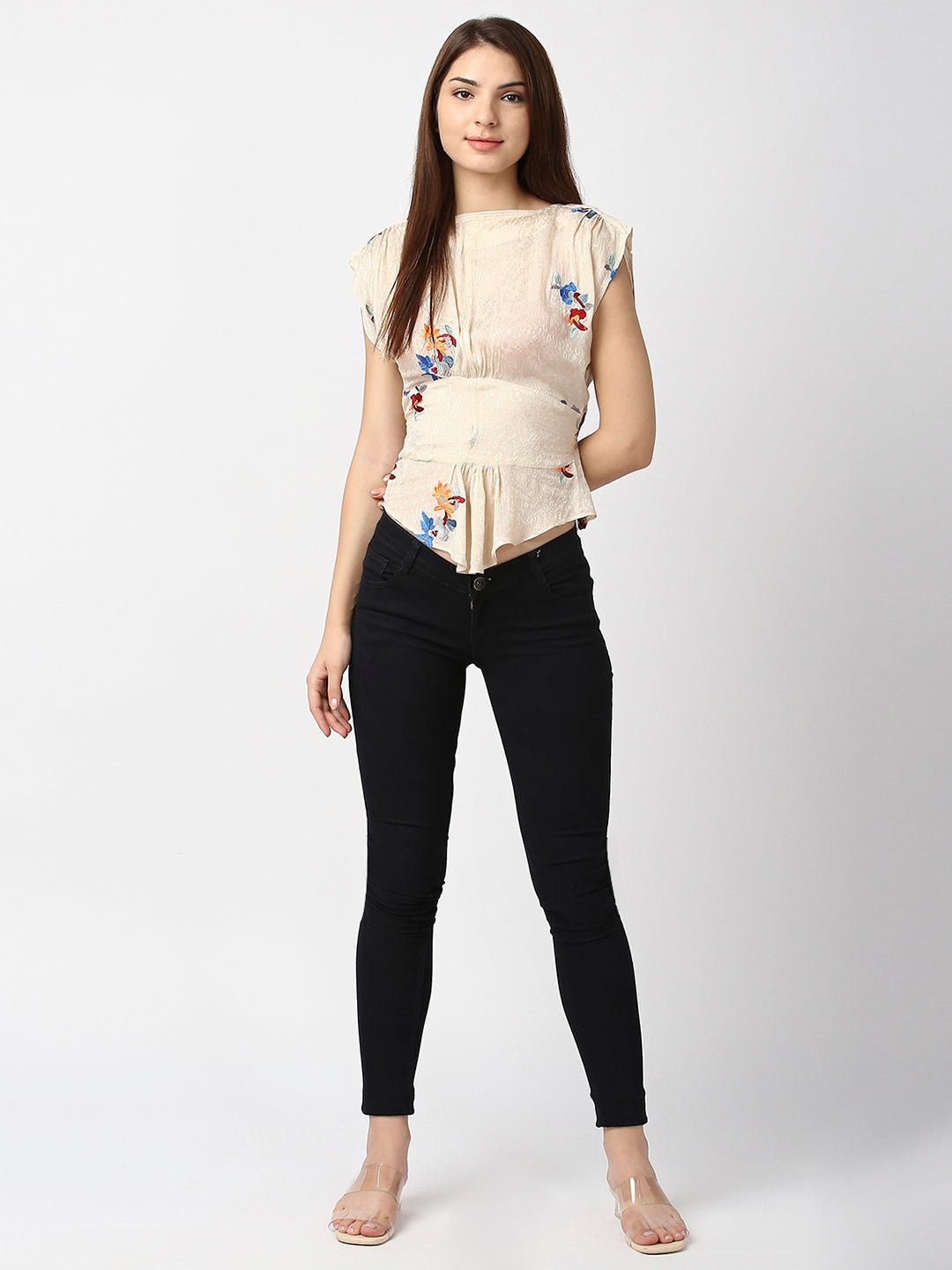 Beige Jacquard Top With Floral Embroidery - AaliyaIndia