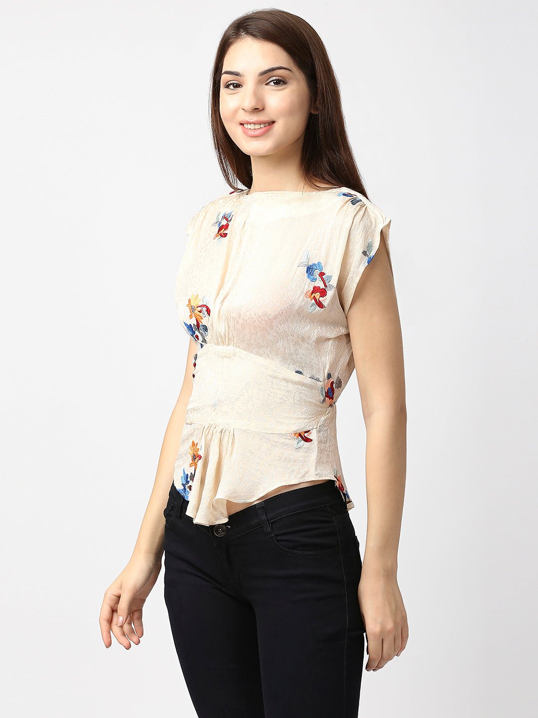 Beige Jacquard Top With Floral Embroidery - AaliyaIndia