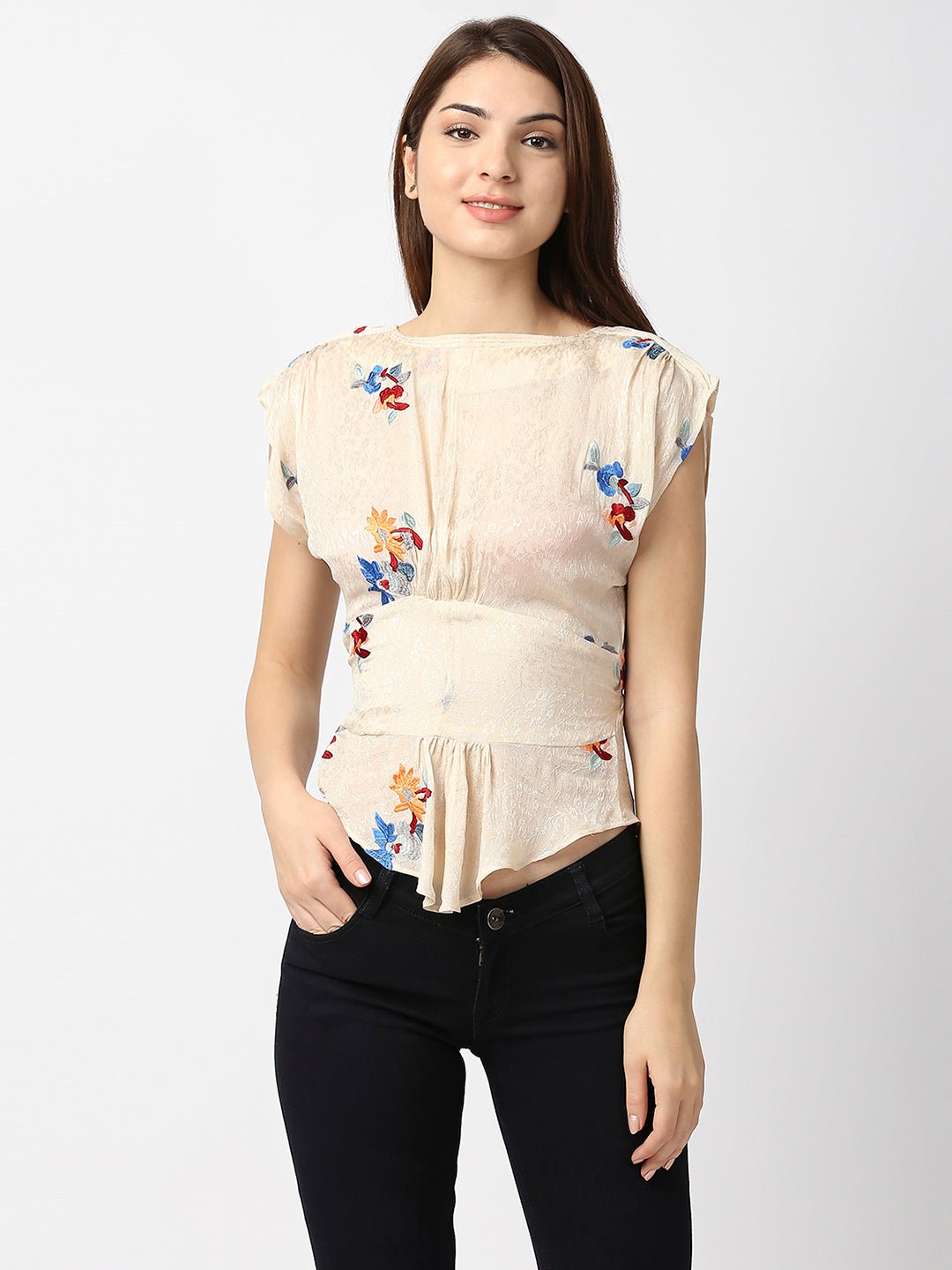 Beige Jacquard Top With Floral Embroidery - AaliyaIndia