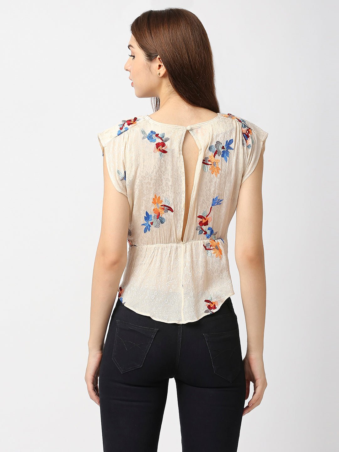 Beige Jacquard Top With Floral Embroidery - AaliyaIndia