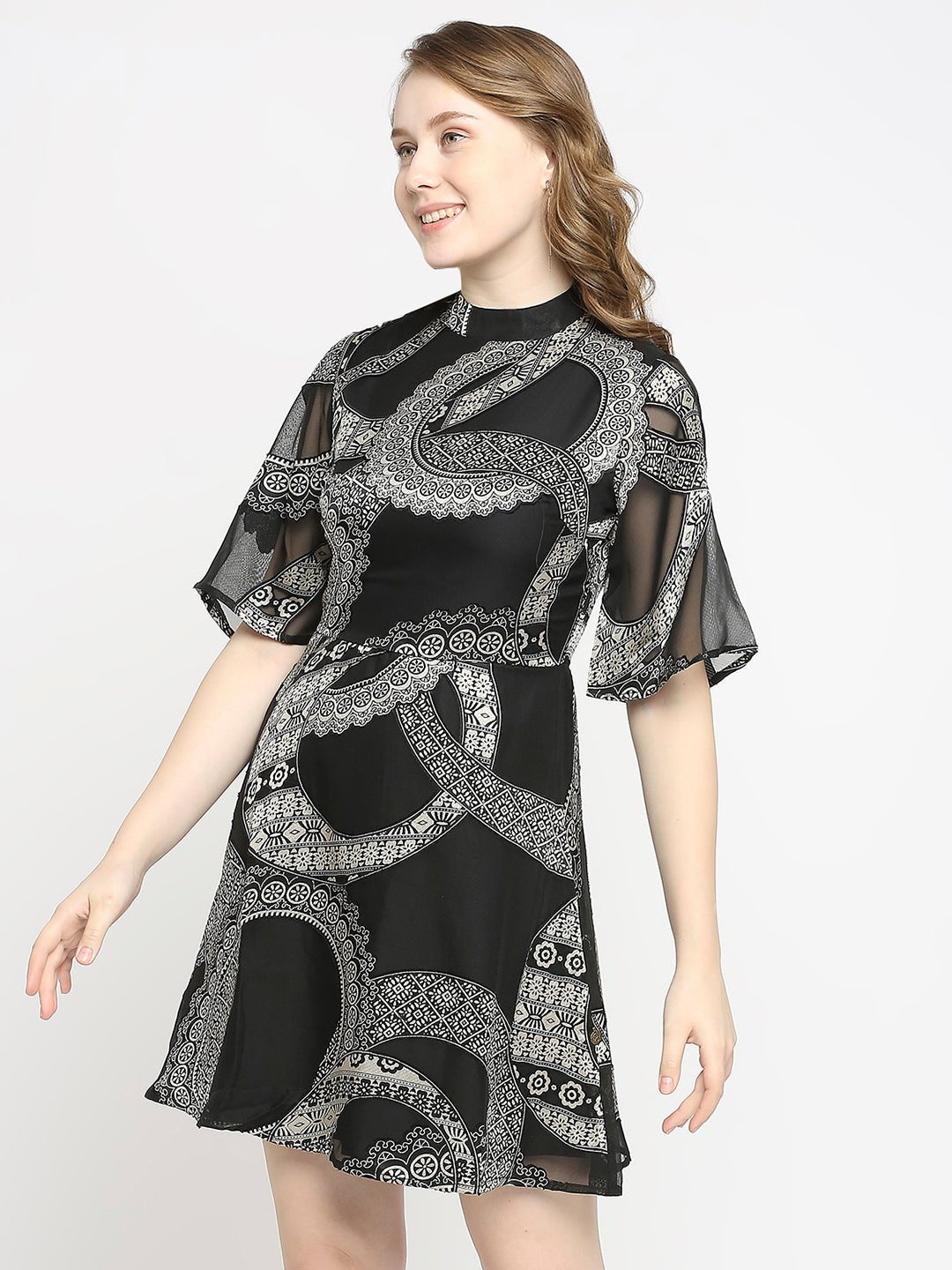 Black Abstract Printed Mini Dress - AaliyaIndia