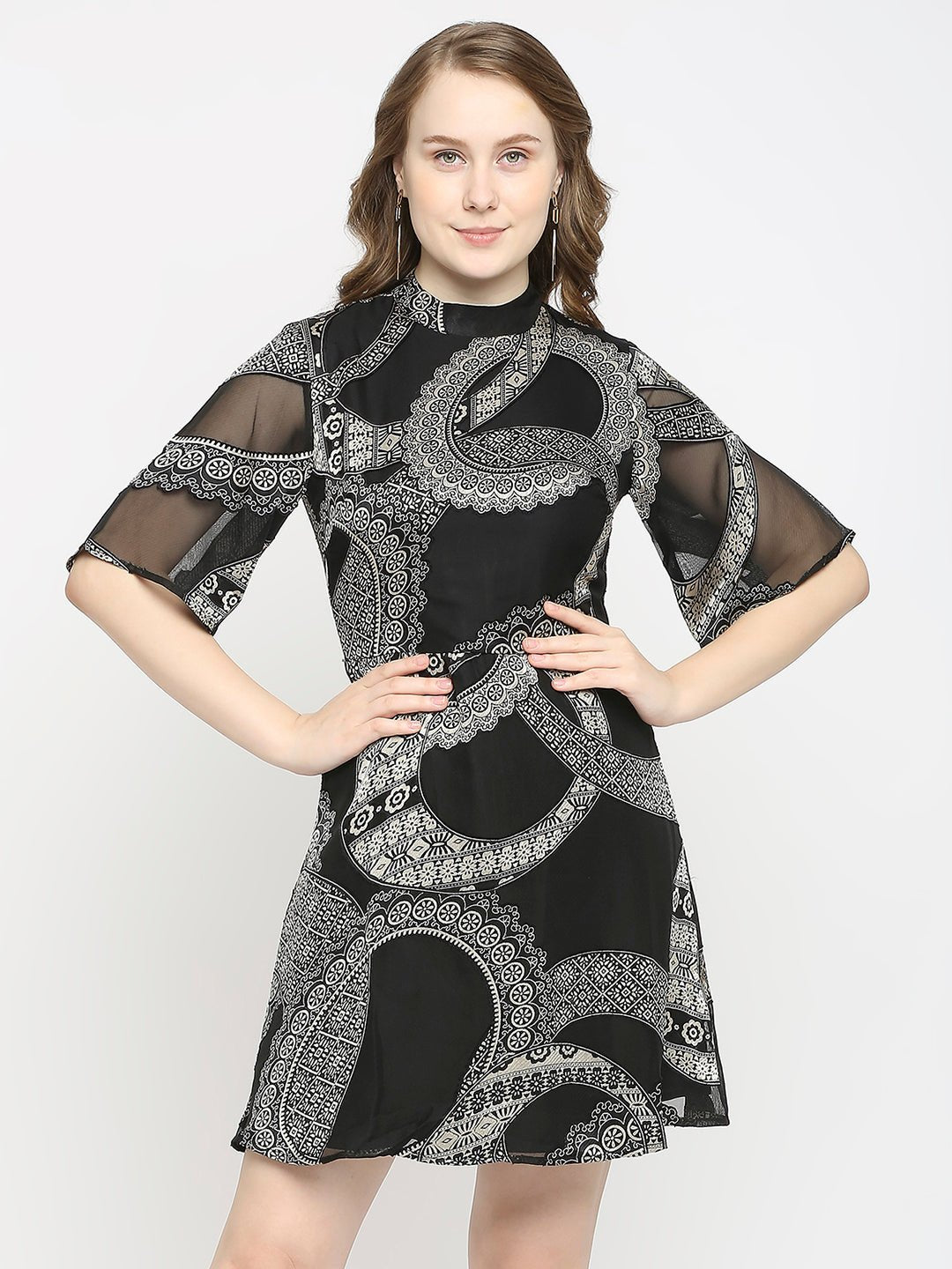 Black Abstract Printed Mini Dress - AaliyaIndia