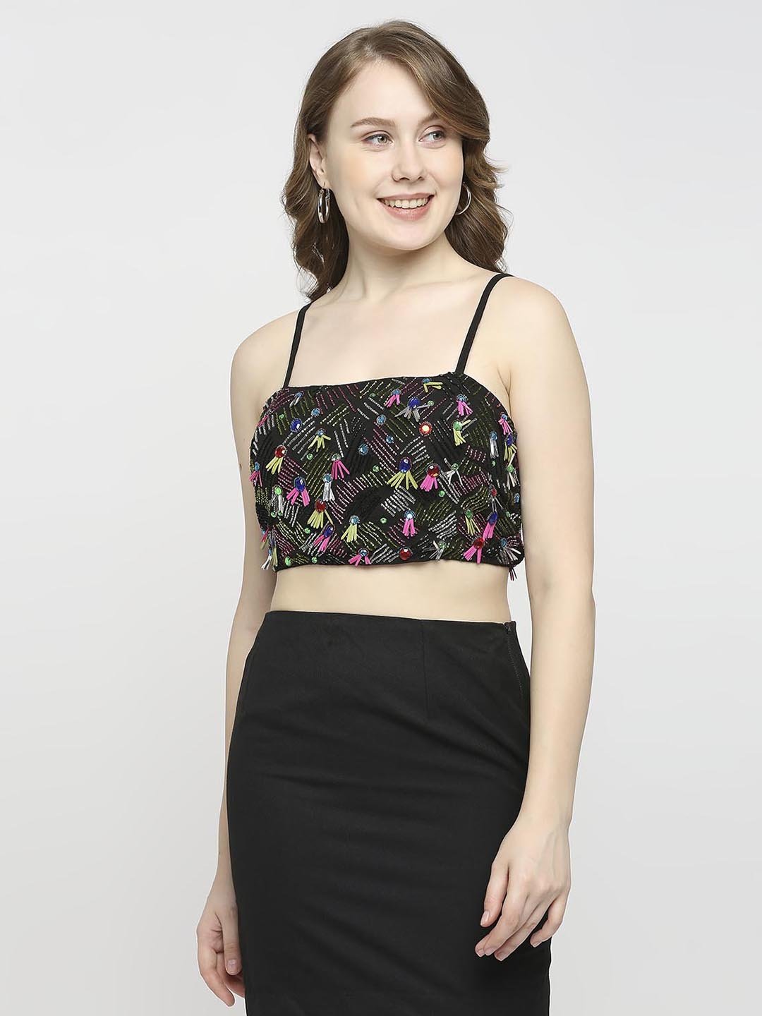 Black Bralette Top With Beads Work - AaliyaIndia