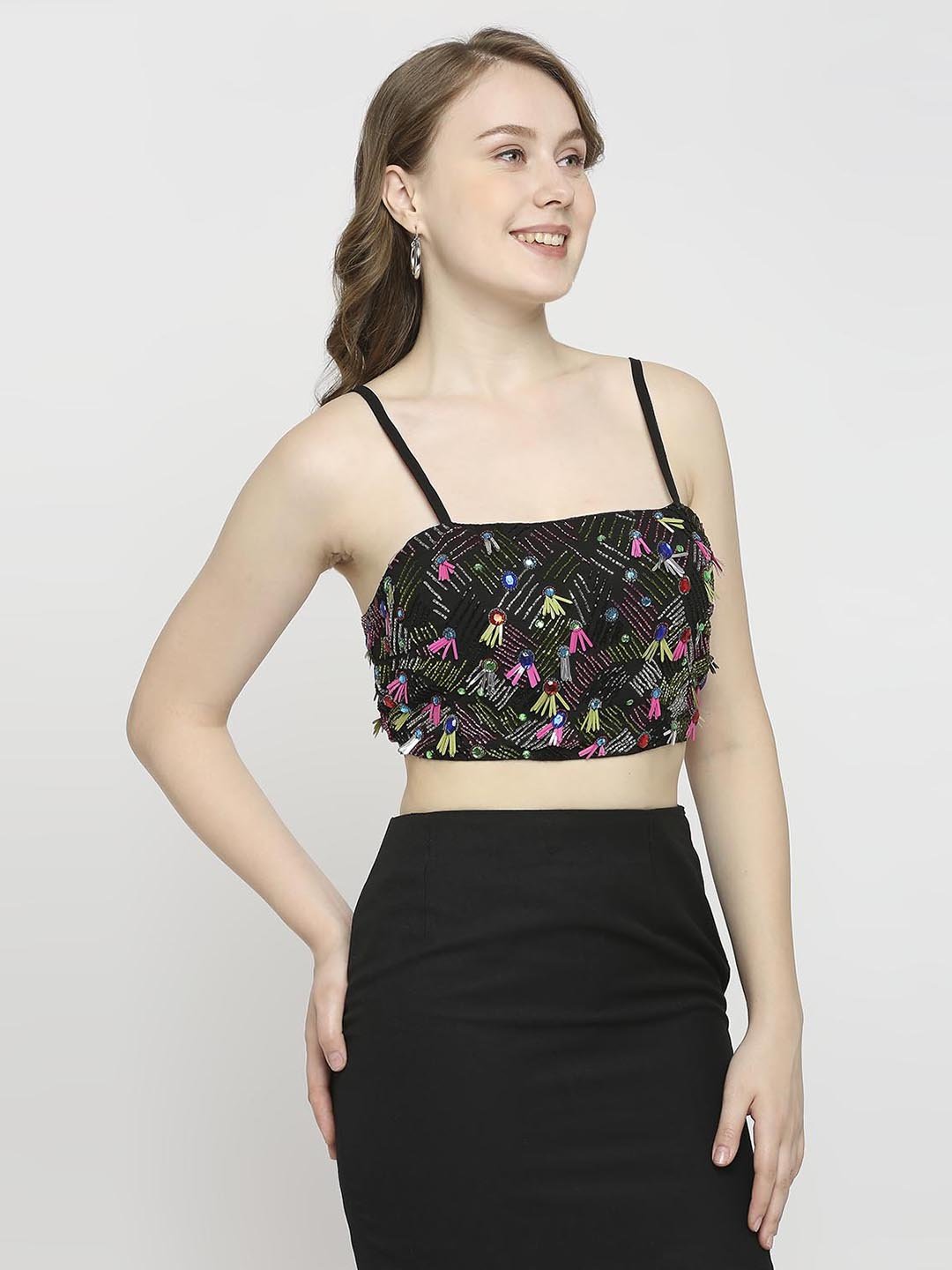 Black Bralette Top With Beads Work - AaliyaIndia