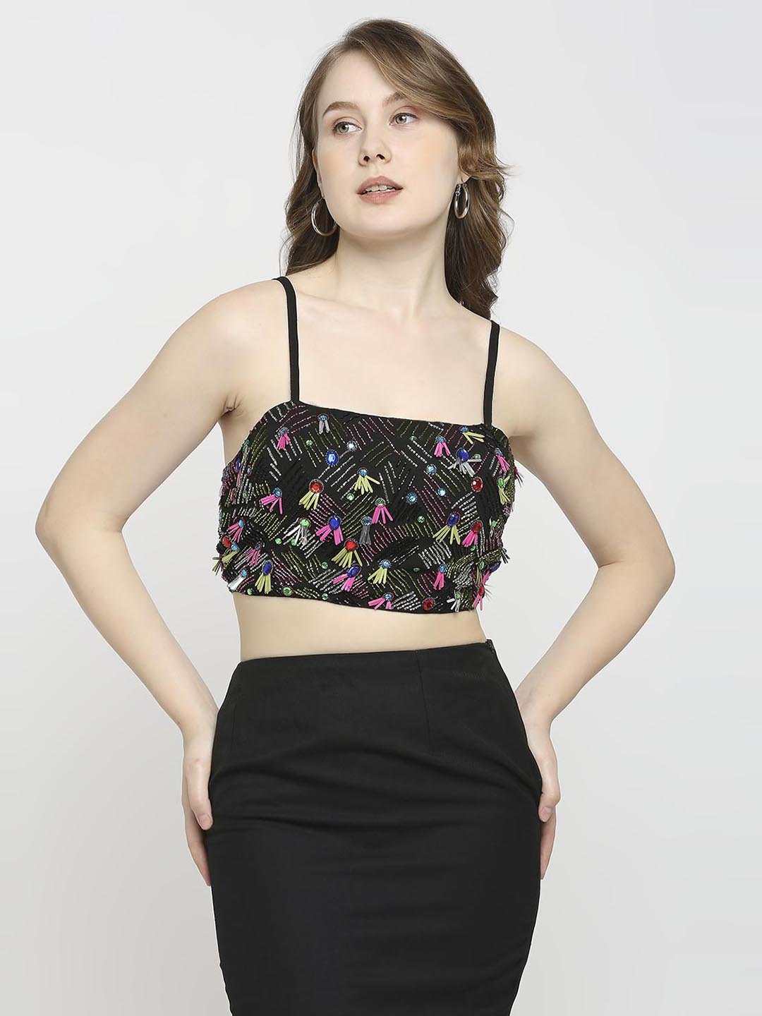 Black Bralette Top With Beads Work - AaliyaIndia