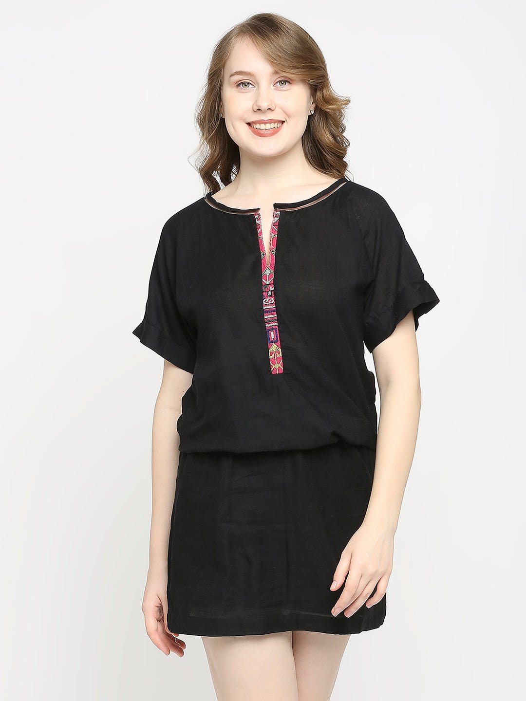 Black Cotton Mini Dress - AaliyaIndia