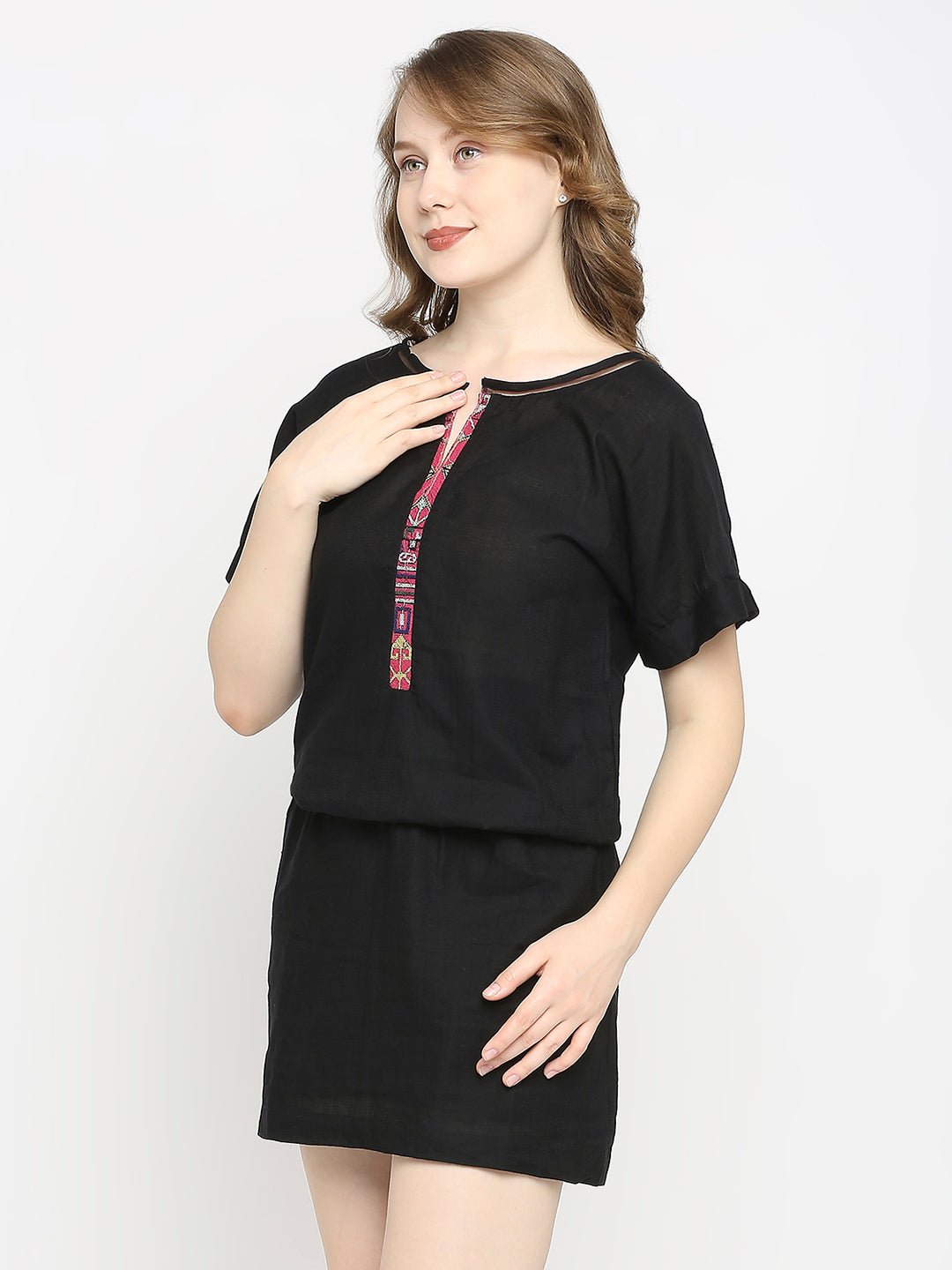 Black Cotton Mini Dress - AaliyaIndia