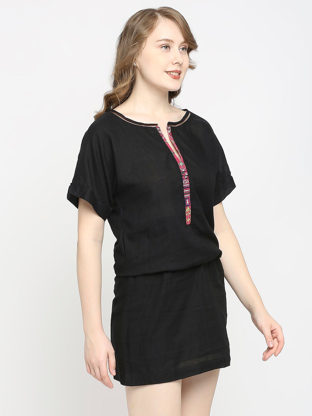 Black Cotton Mini Dress - AaliyaIndia