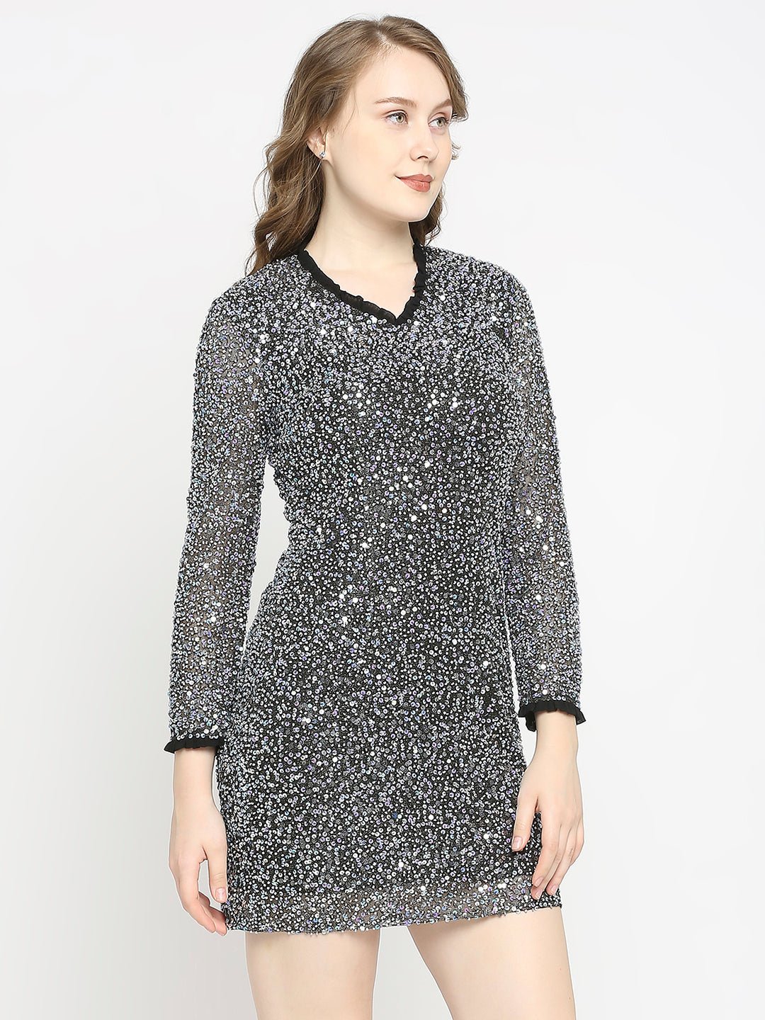 Black Embellished Full-sleeves Dress - AaliyaIndia