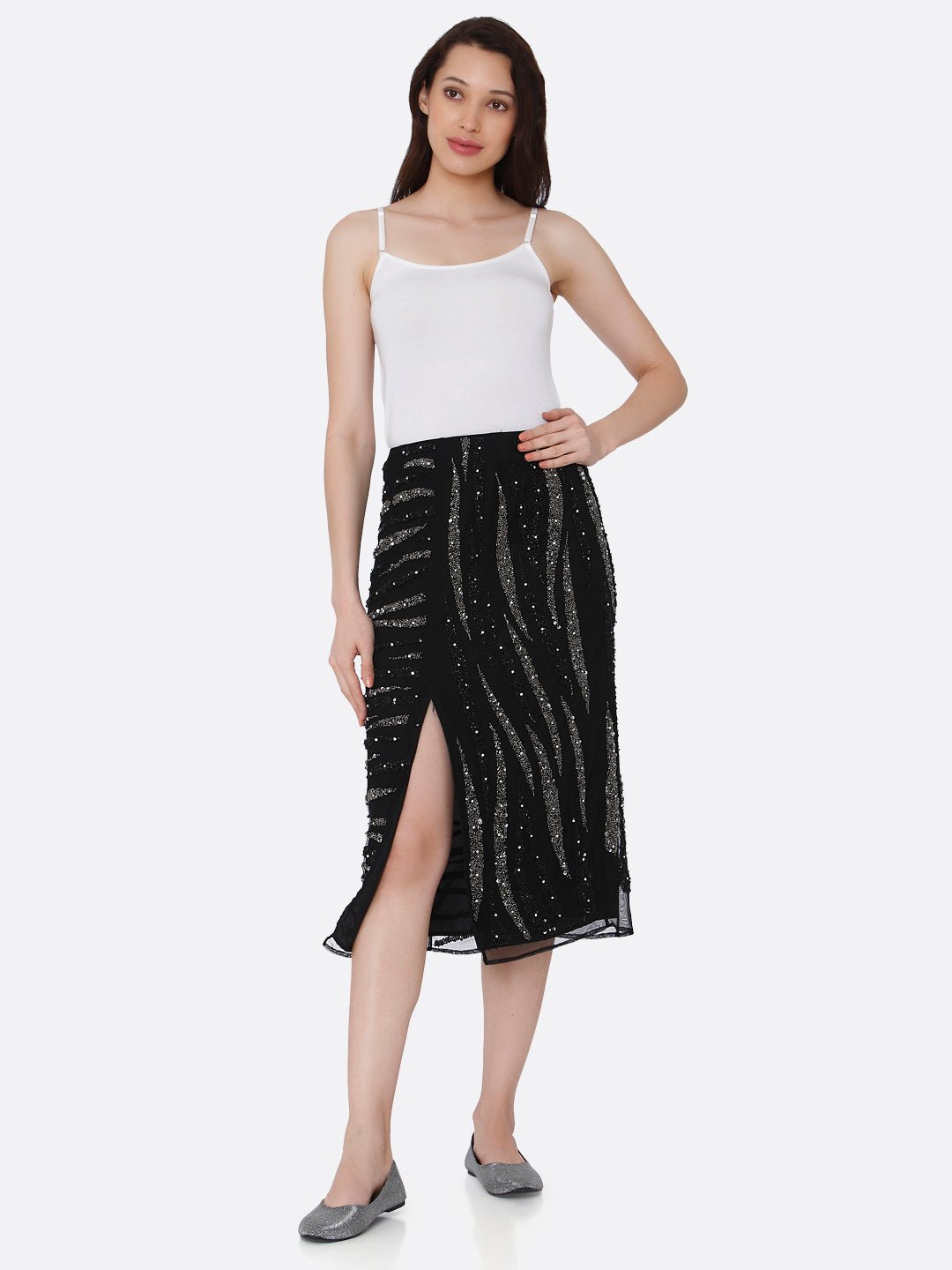 Black Embellished Midi Skirt - AaliyaIndia