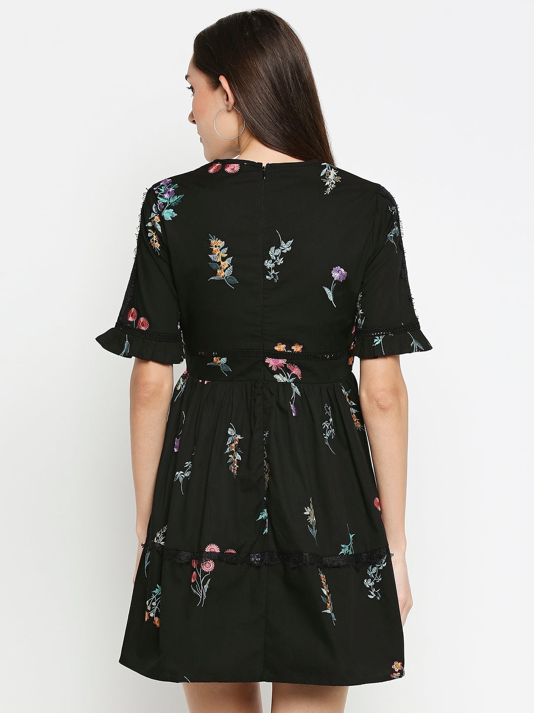 Black Flax Dress With Floral Embroidery - AaliyaIndia