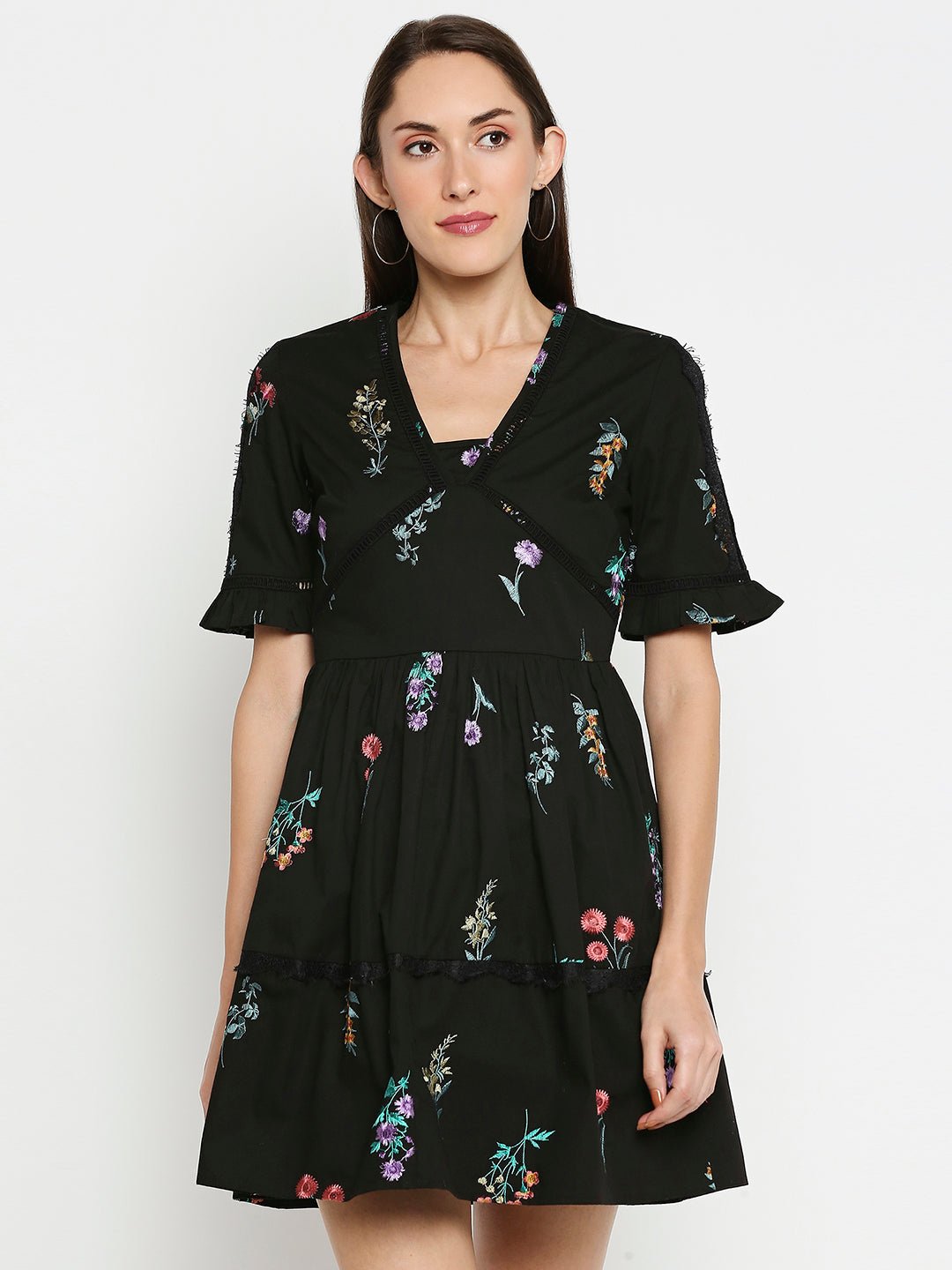 Black Flax Dress With Floral Embroidery - AaliyaIndia