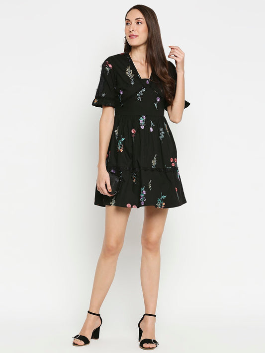 Black Flax Dress With Floral Embroidery - AaliyaIndia