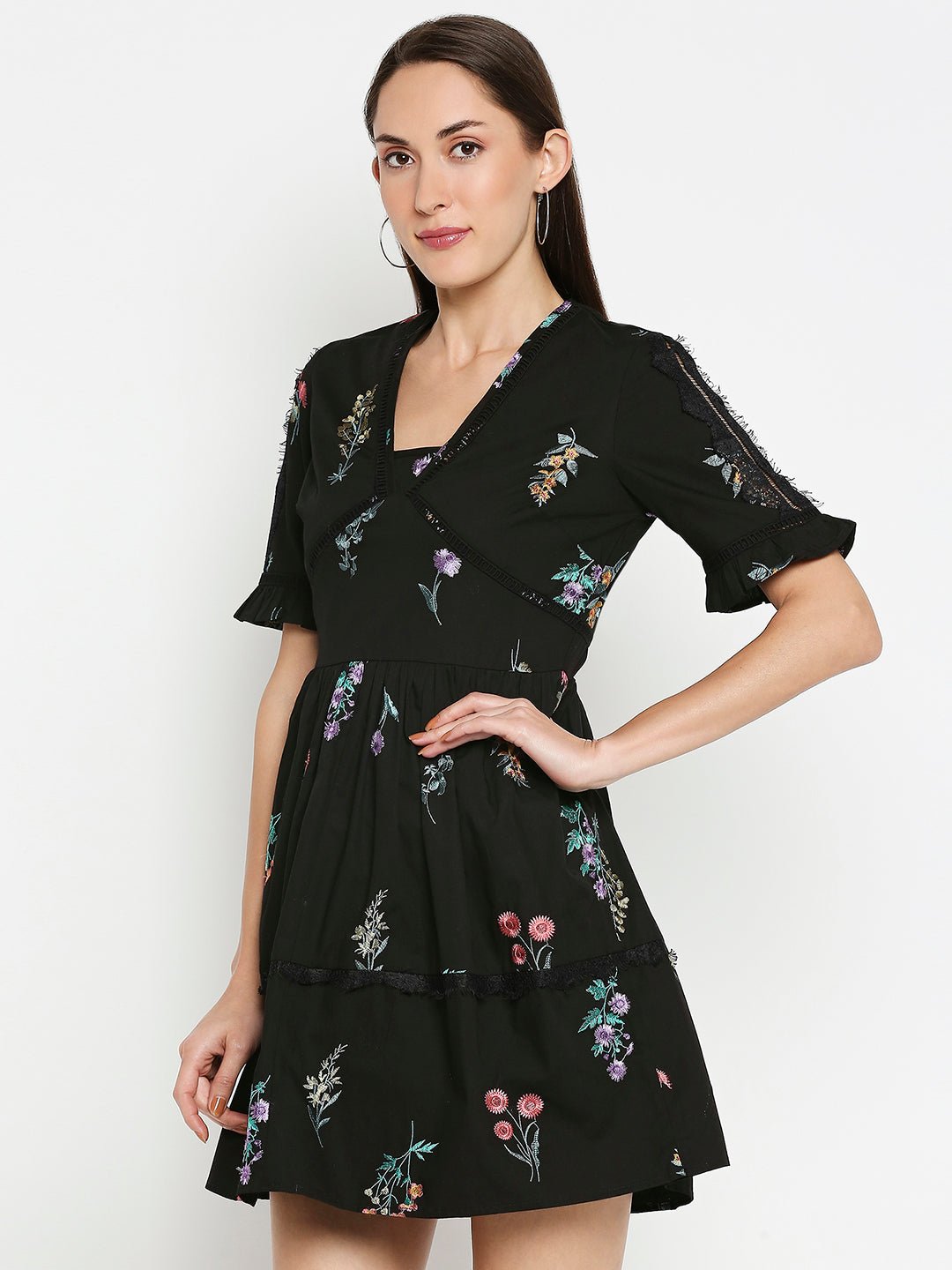 Black Flax Dress With Floral Embroidery - AaliyaIndia