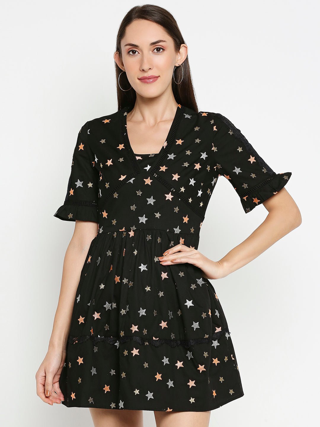 Black Flax Dress With Star Embroidery - AaliyaIndia