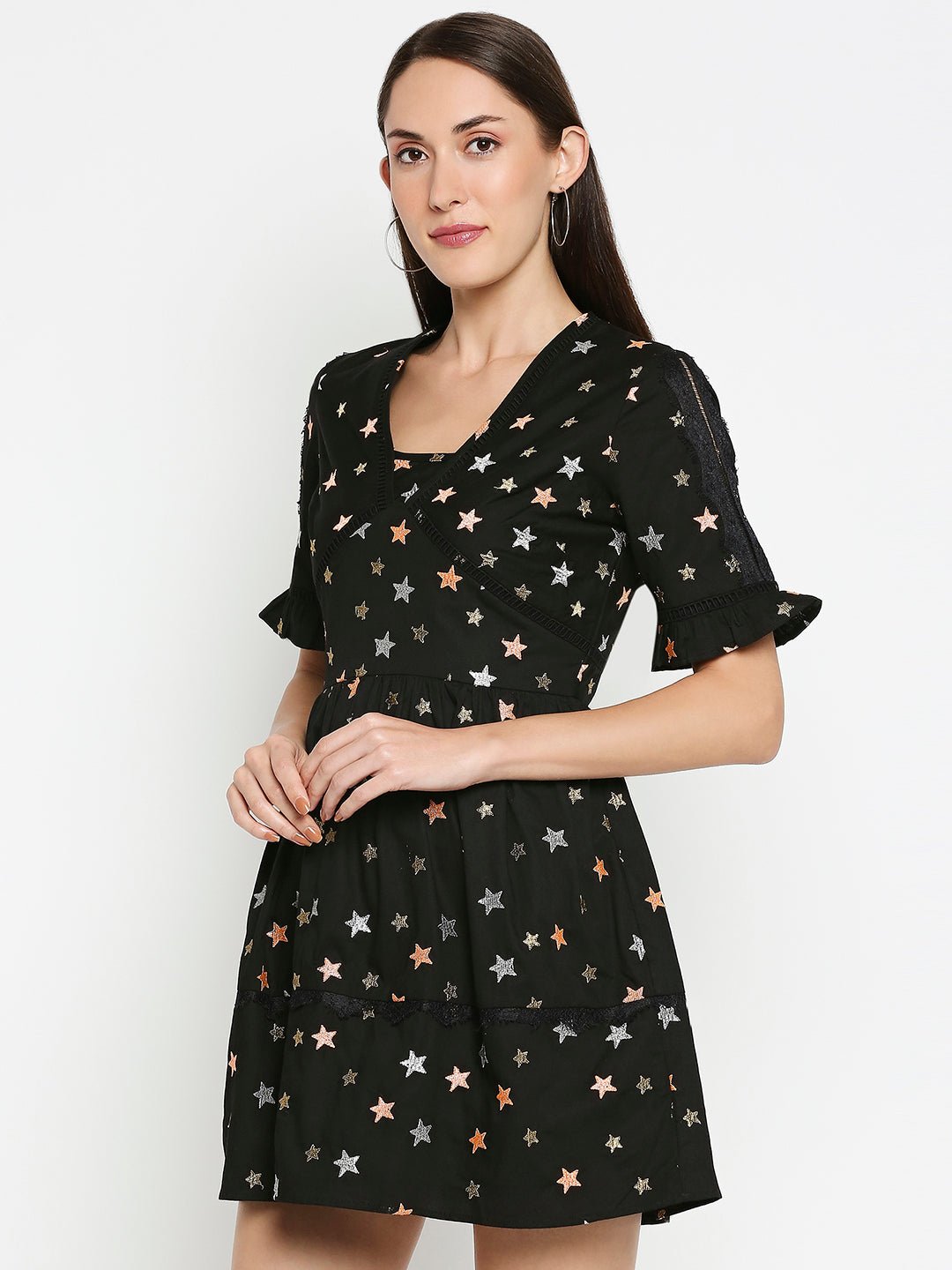 Black Flax Dress With Star Embroidery - AaliyaIndia