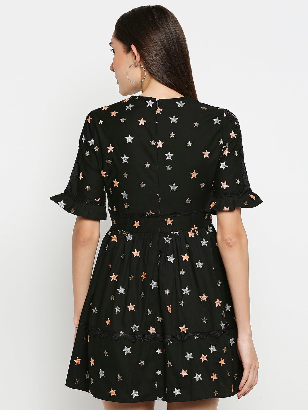 Black Flax Dress With Star Embroidery - AaliyaIndia