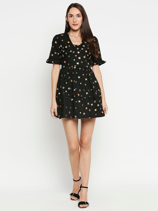 Black Flax Dress With Star Embroidery - AaliyaIndia