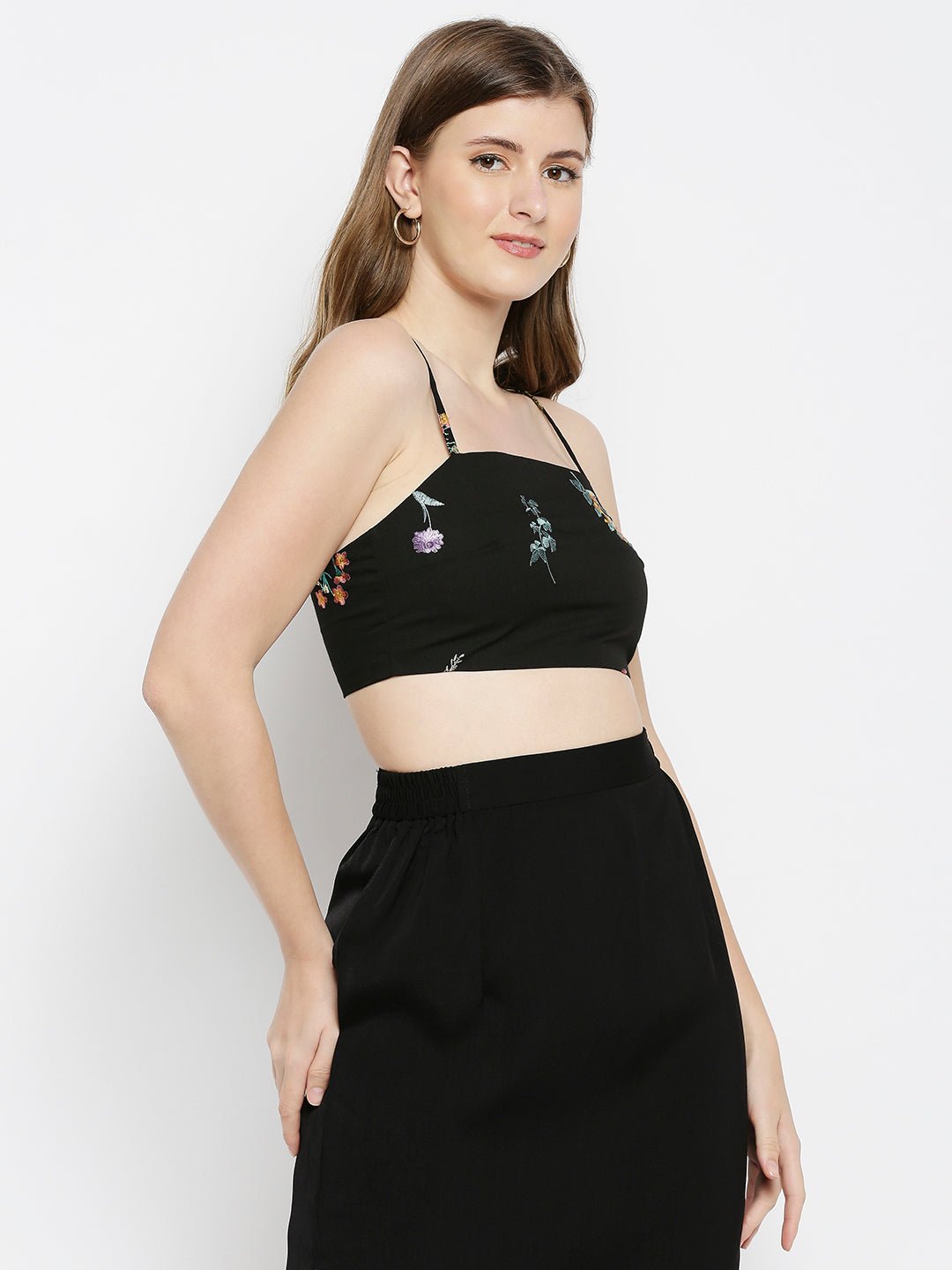 Black Floral Embroidered Bralette Top - AaliyaIndia