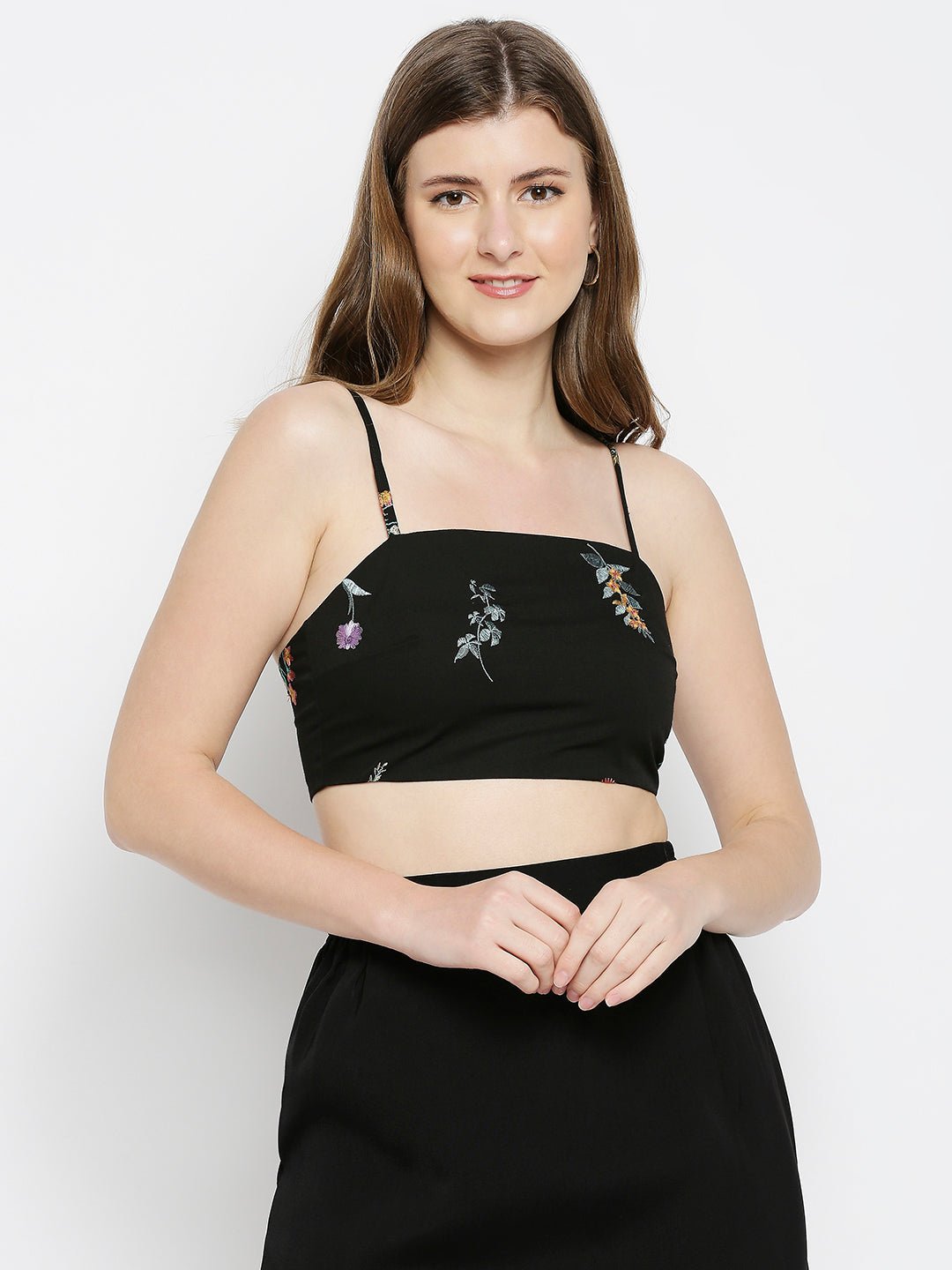 Black Floral Embroidered Bralette Top - AaliyaIndia